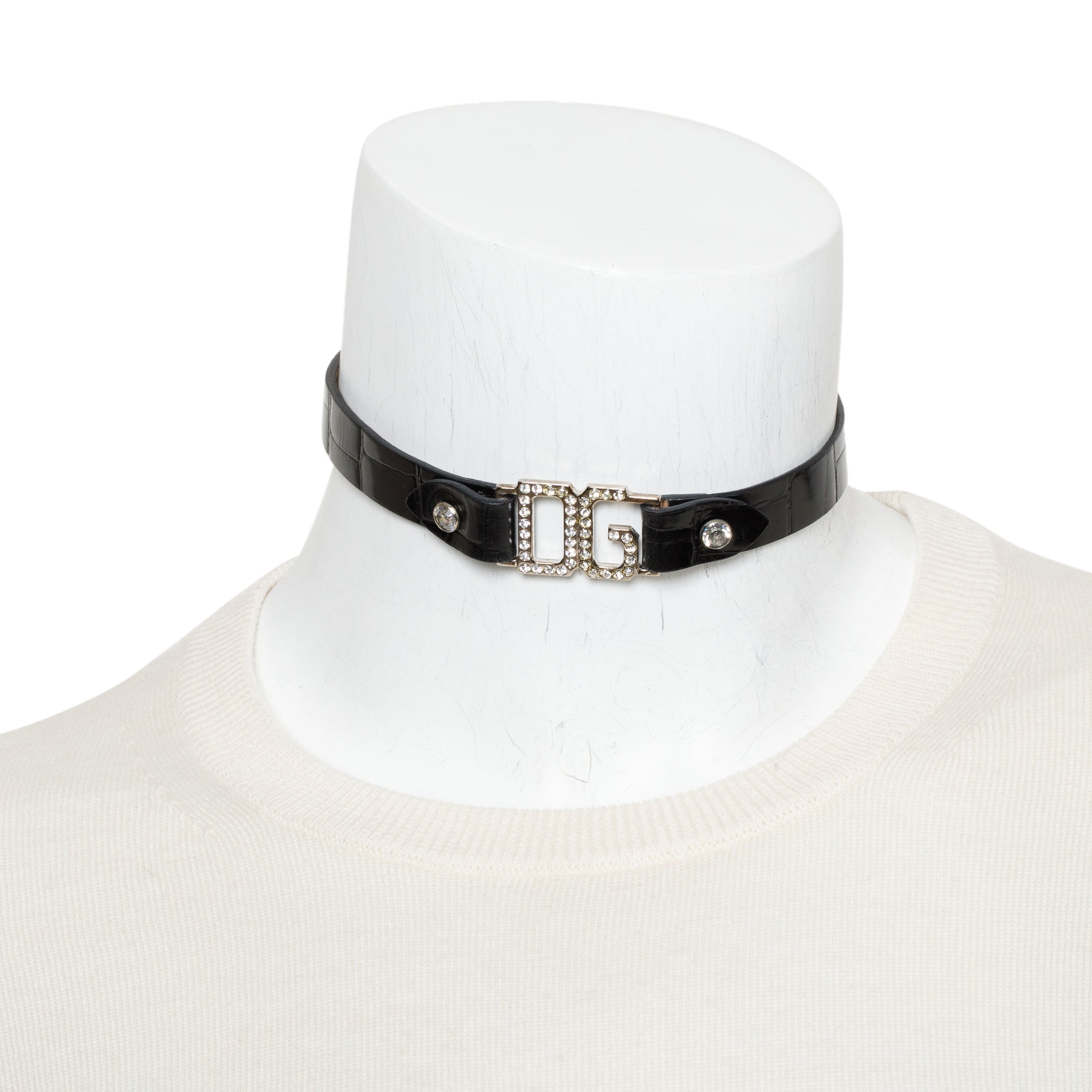 Dolce & Gabbana Silver Plated Crystal 'DG' Black Leather Collar Necklace