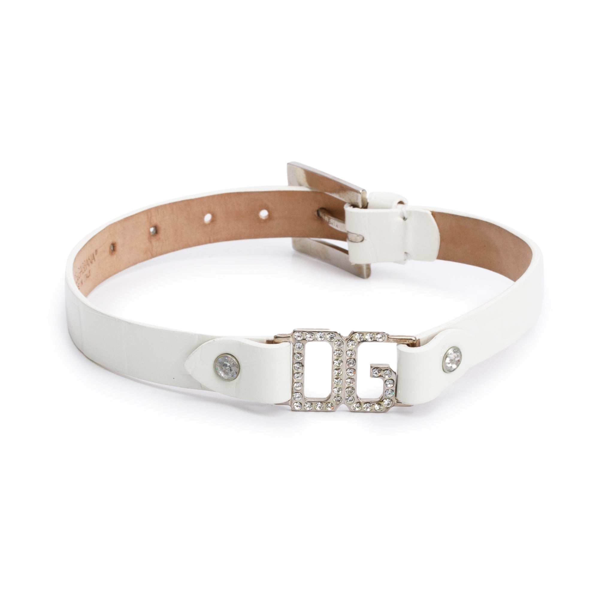 Dolce & Gabbana Silver Plated Crystal 'DG' White Leather Collar Necklace