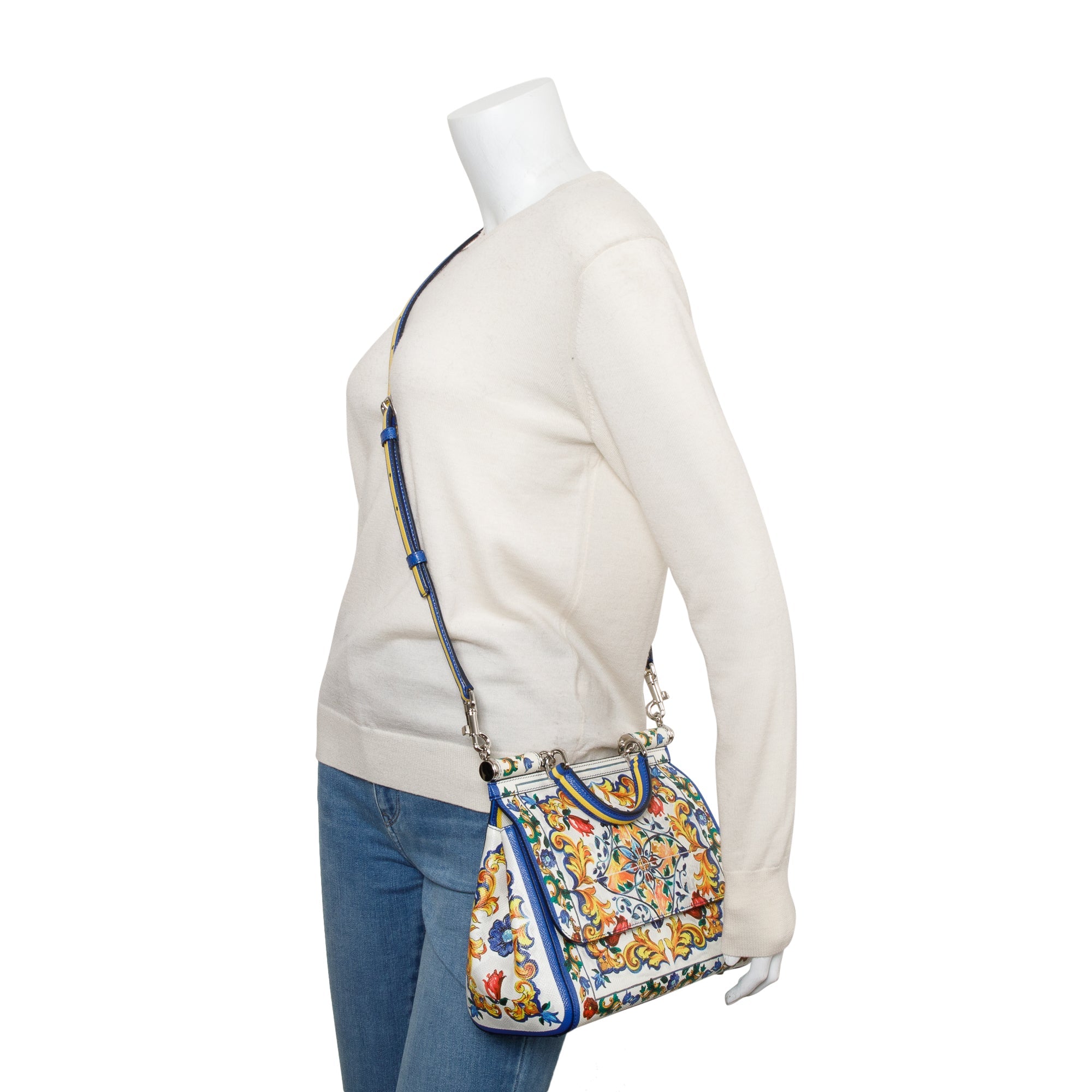 Dolce & Gabbana White Majolica Print Leather Medium Miss Sicily Bag w/ Strap