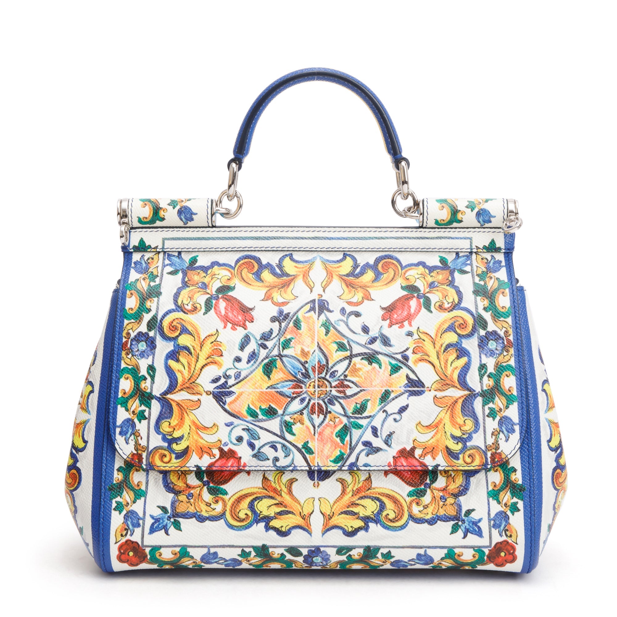 Dolce & Gabbana White Majolica Print Leather Medium Miss Sicily Bag w/ Strap