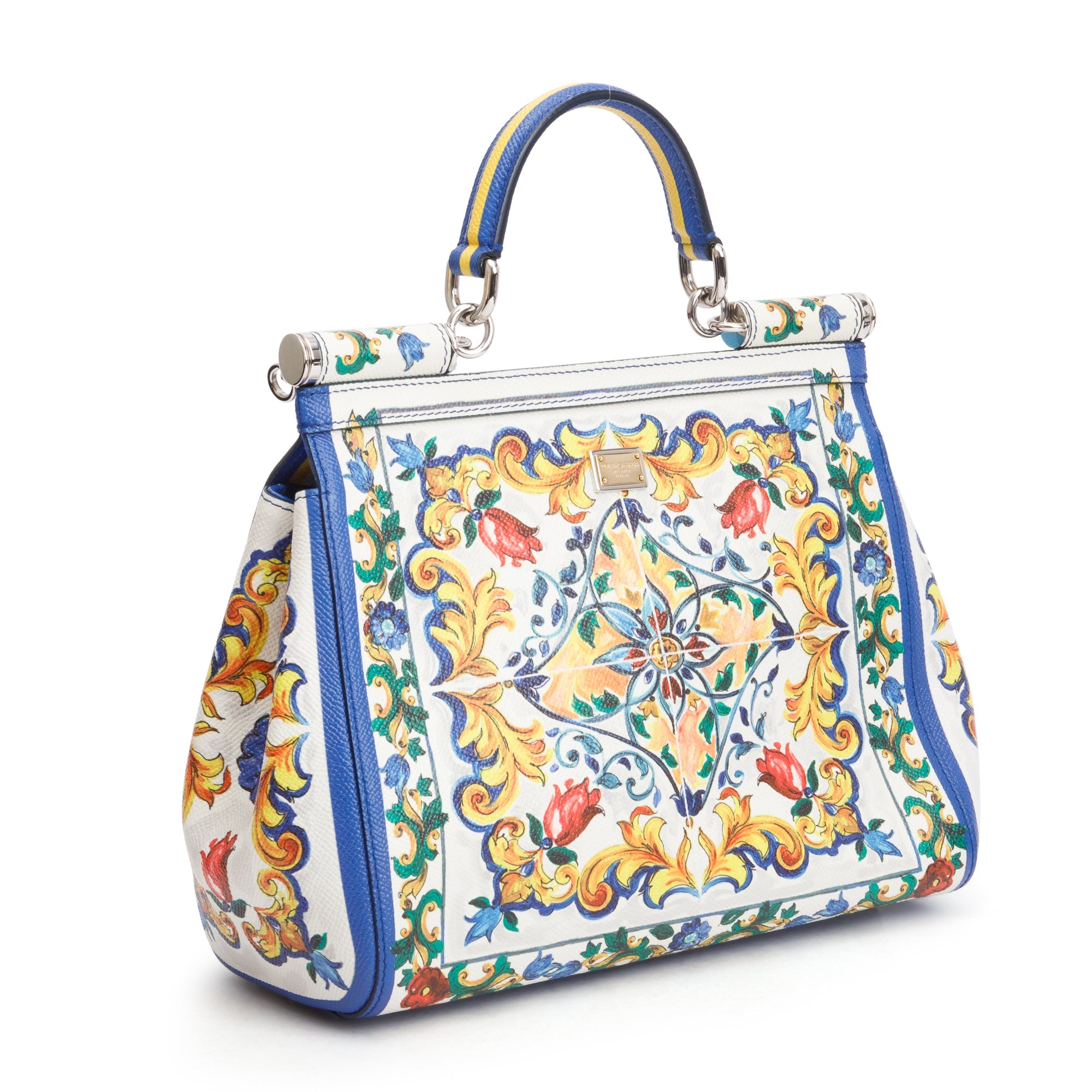 Dolce & Gabbana White Majolica Print Leather Medium Miss Sicily Bag w/ Strap
