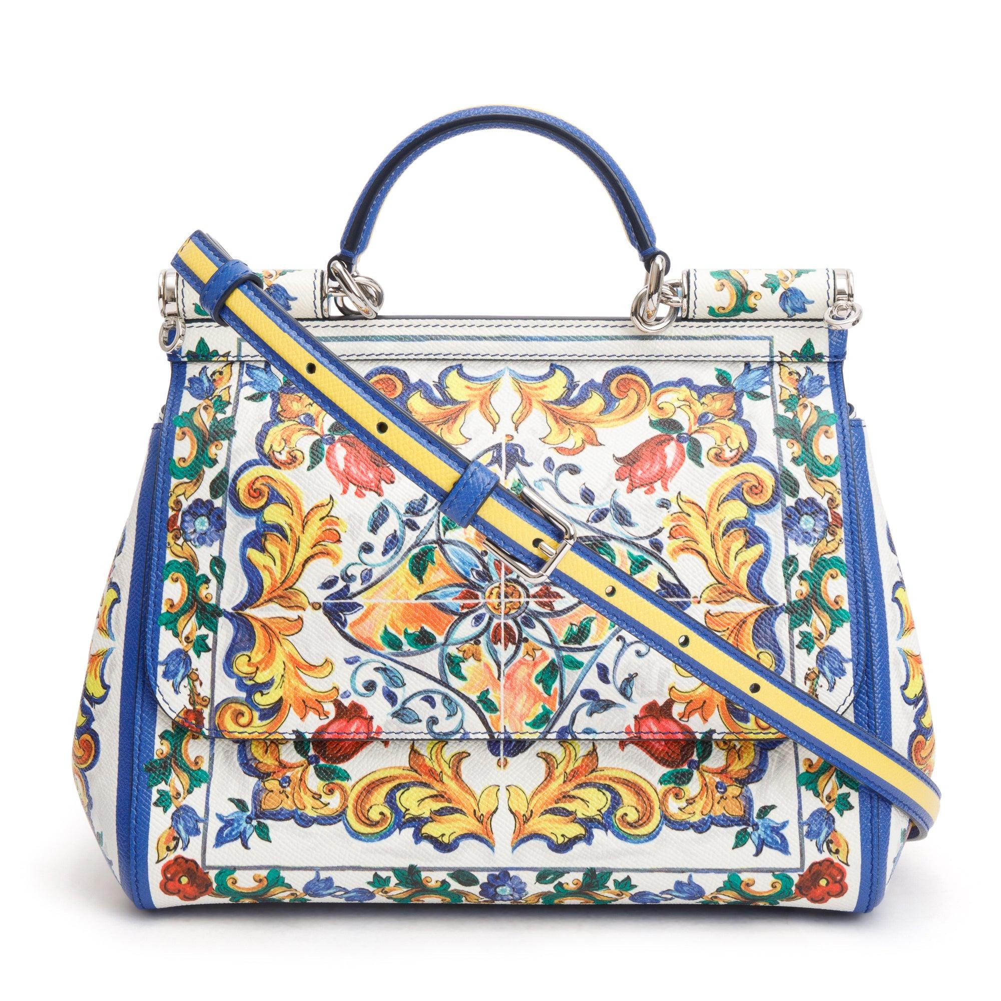 Dolce & Gabbana White Majolica Print Leather Medium Miss Sicily Bag w/ Strap