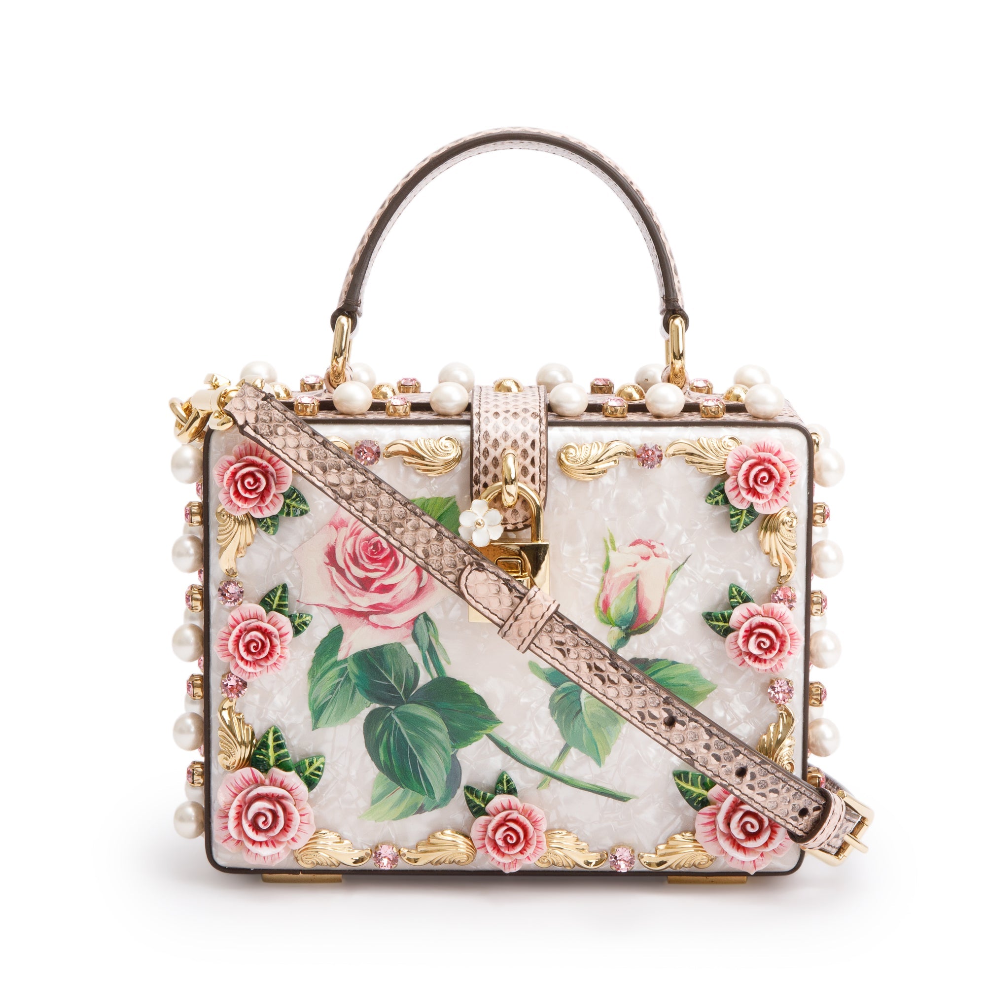 Dolce & Gabbana White Multicolor Mother of Pearl, Crystal & Floral Appique Python Trim Box Bag w/ Strap, Authenticity Card & Box