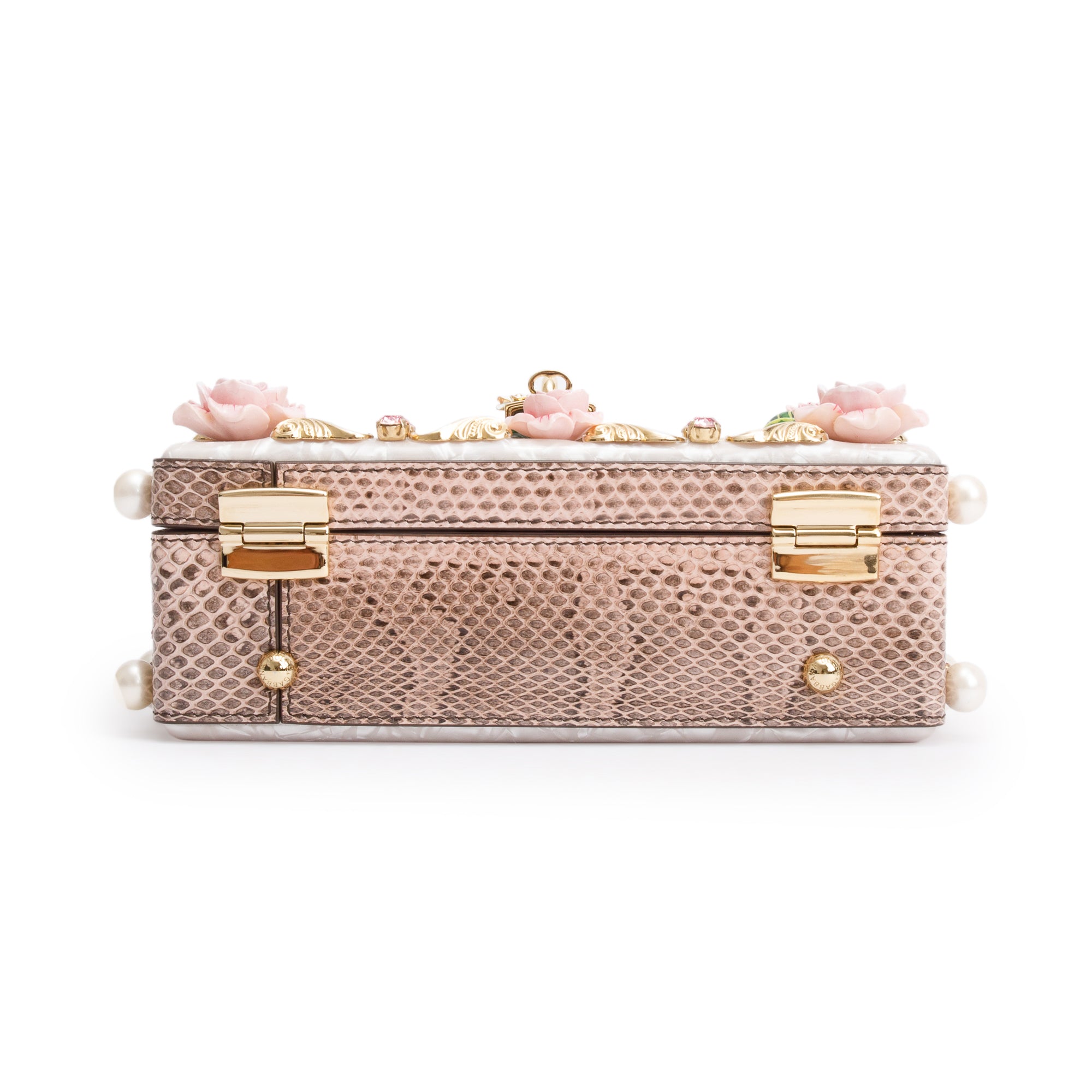 Dolce & Gabbana White Multicolor Mother of Pearl, Crystal & Floral Appique Python Trim Box Bag w/ Strap, Authenticity Card & Box