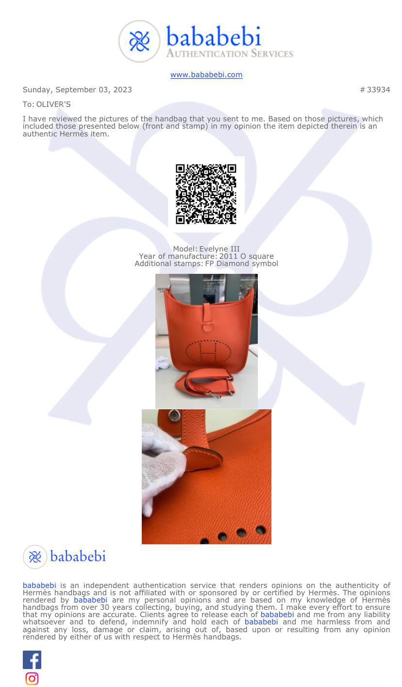 Hermes Orange Epsom Evelyne III 33