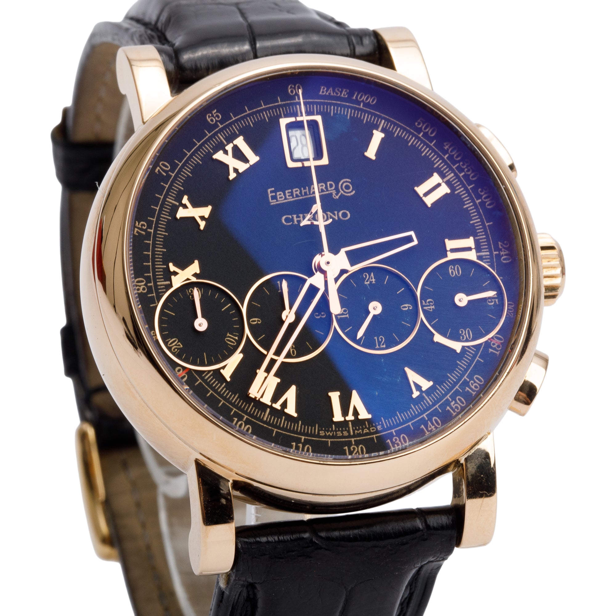 Eberhard & Co. 18k Yellow Gold Chrono 4 40 MM Automatic Watch Black Dial w/ Box & Papers