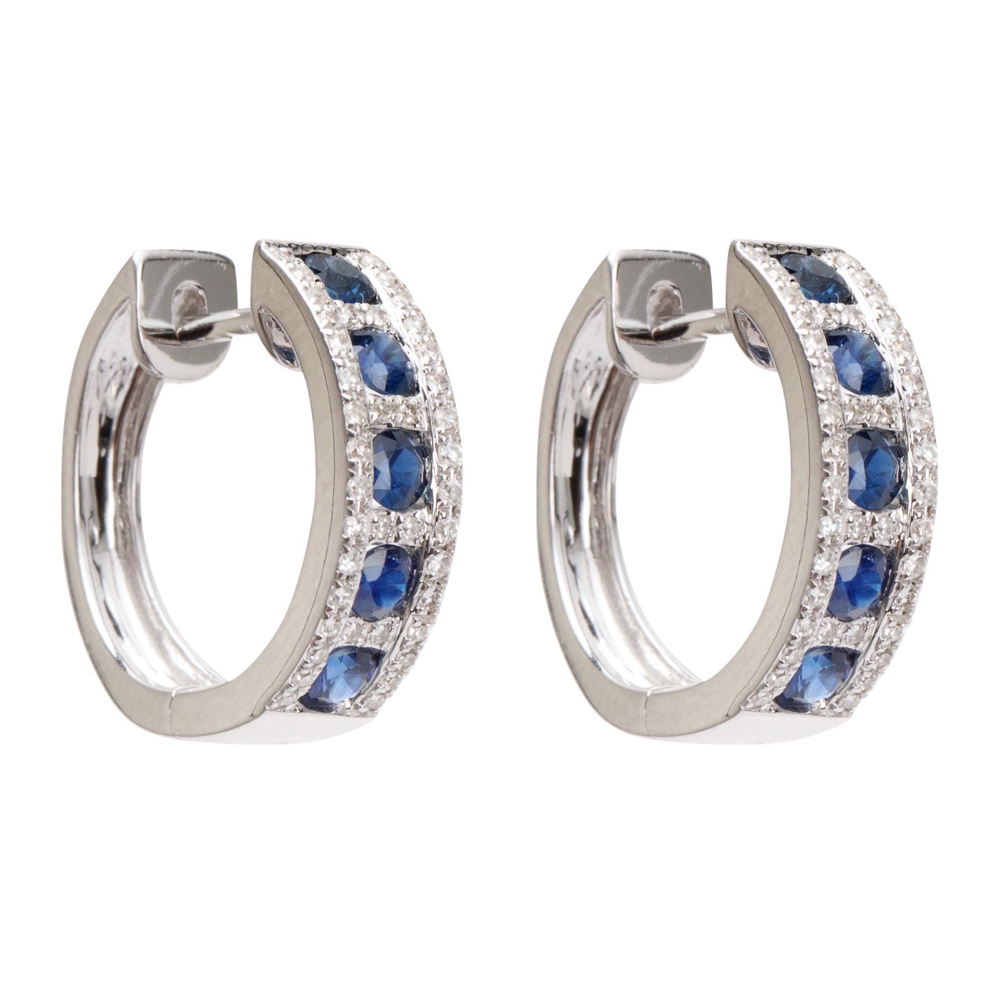 Effy 14k White Gold Blue Sapphire and Diamond Hoop Earrings