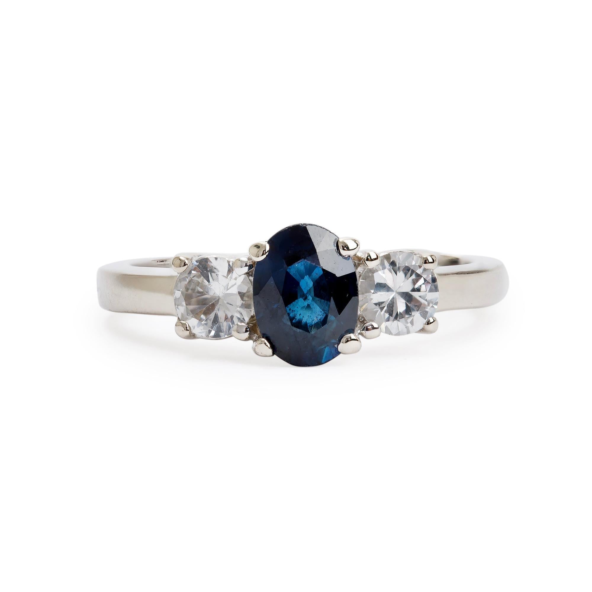 Effy 14k White Gold Blue & White Three Stone Sapphire Ring, Size 7.25