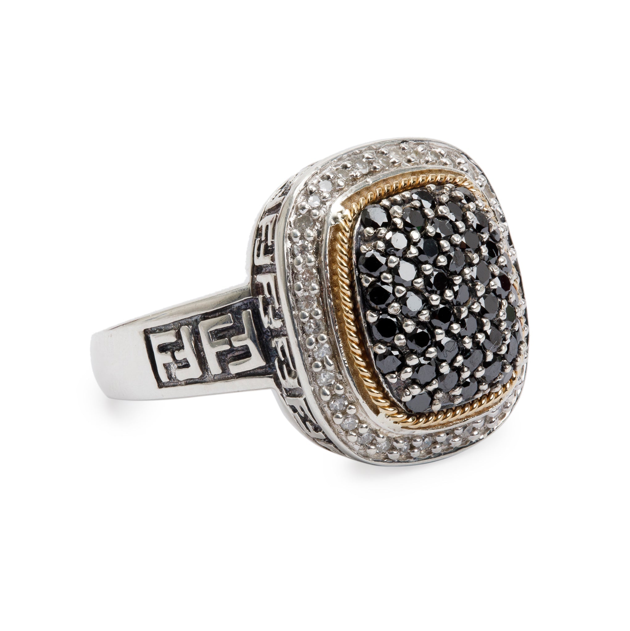 Effy Sterling Silver and 18k Yellow Gold Black & White Diamond Cocktail Ring, Size 7