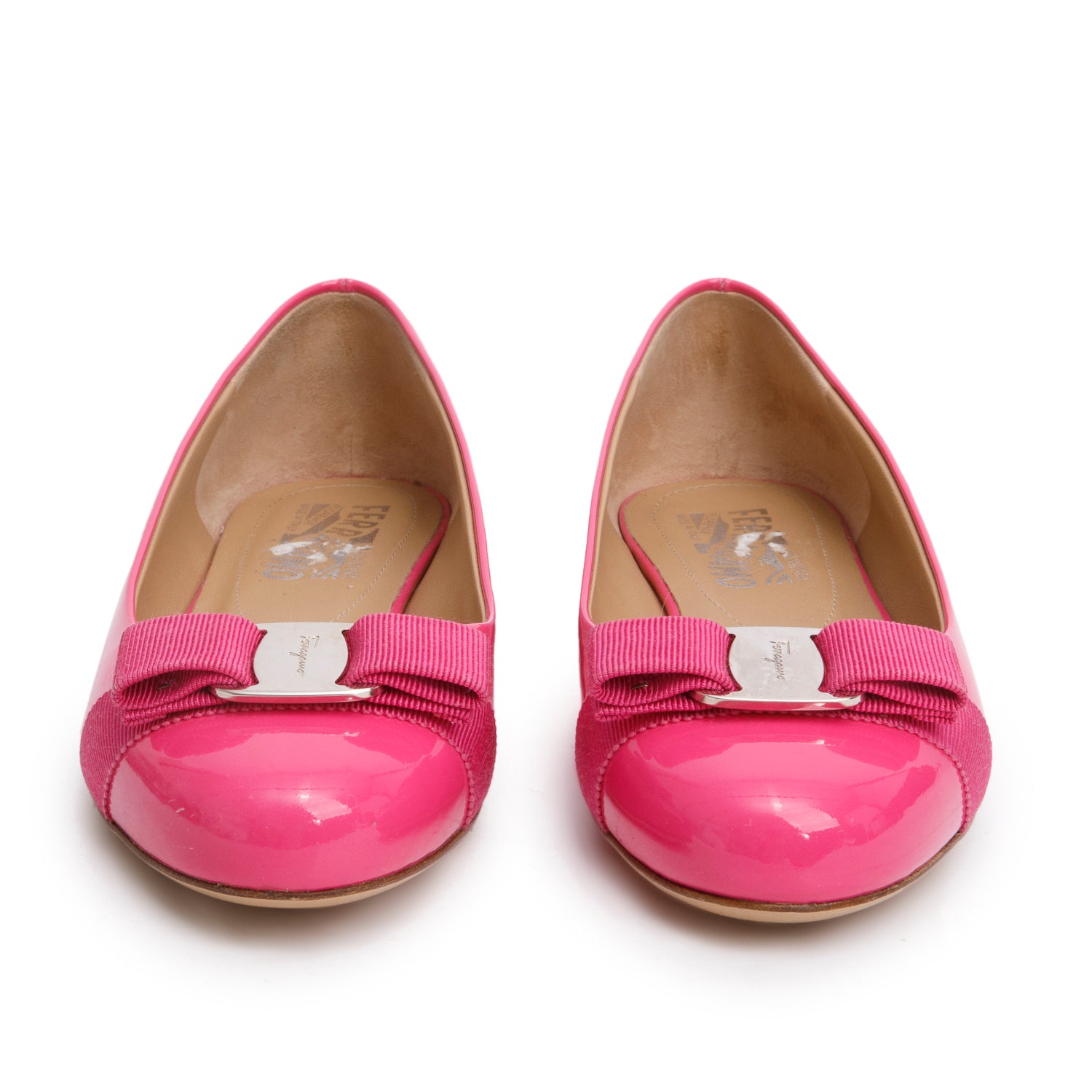 Ferragamo Pink Patent Leather Varina Bow Flats, Size 7.5