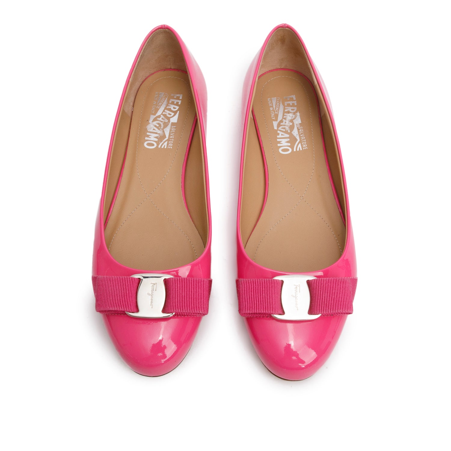 Ferragamo Pink Patent Leather Varina Bow Flats, Size 7.5