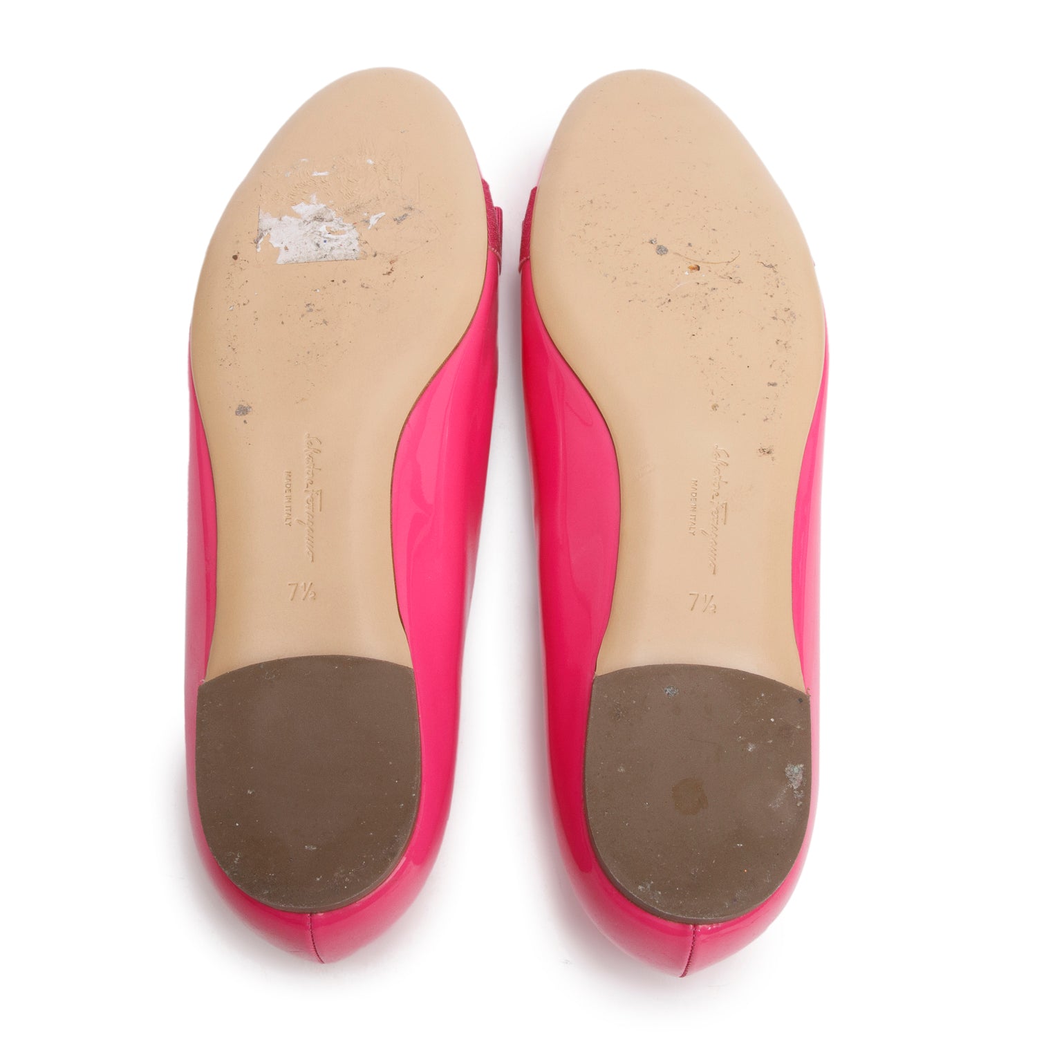 Ferragamo Pink Patent Leather Varina Bow Flats, Size 7.5