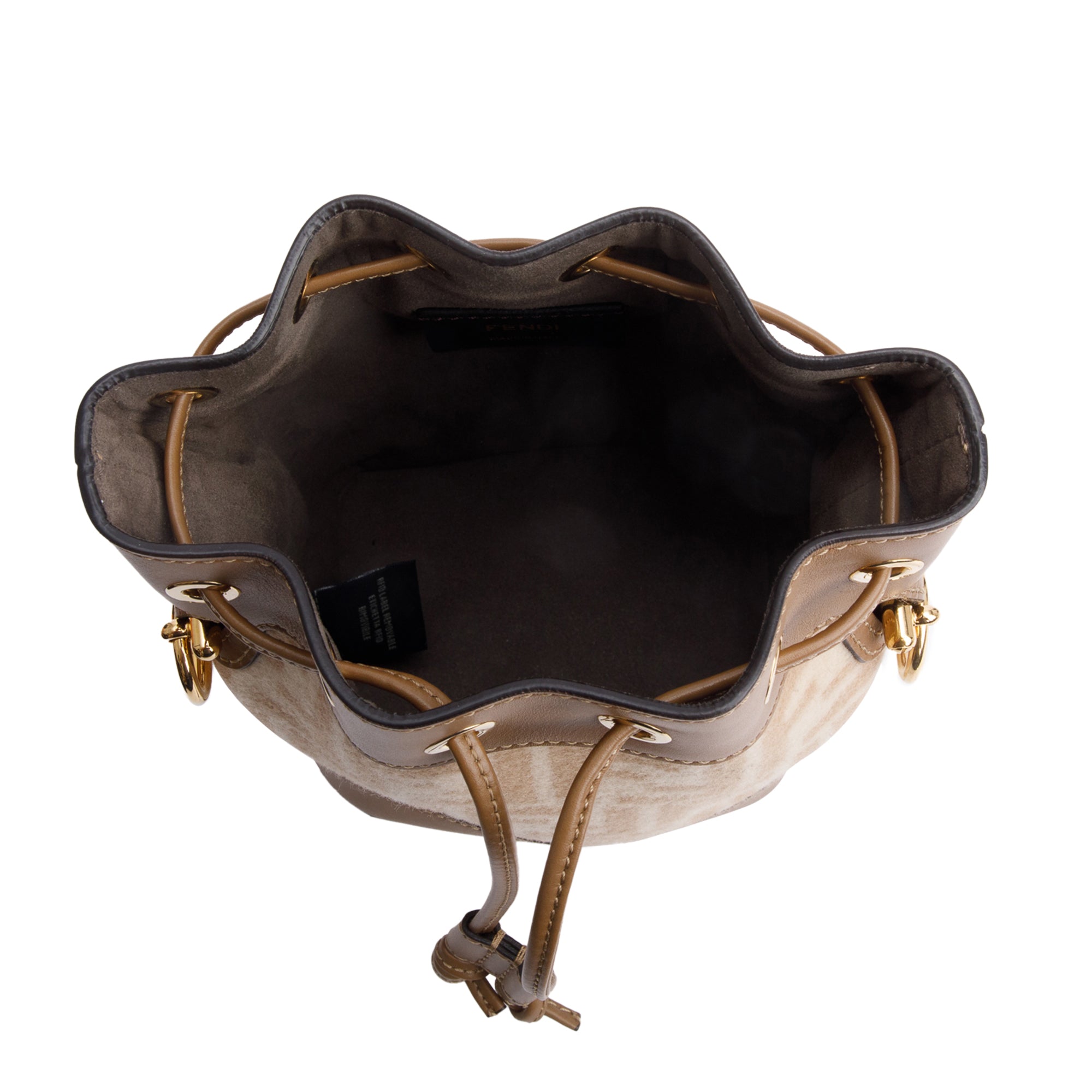 Fendi 2021 Neutral FF Wool Tan Calfskin Leather Mini Mon Tresor Bucket Bag w/ Strap