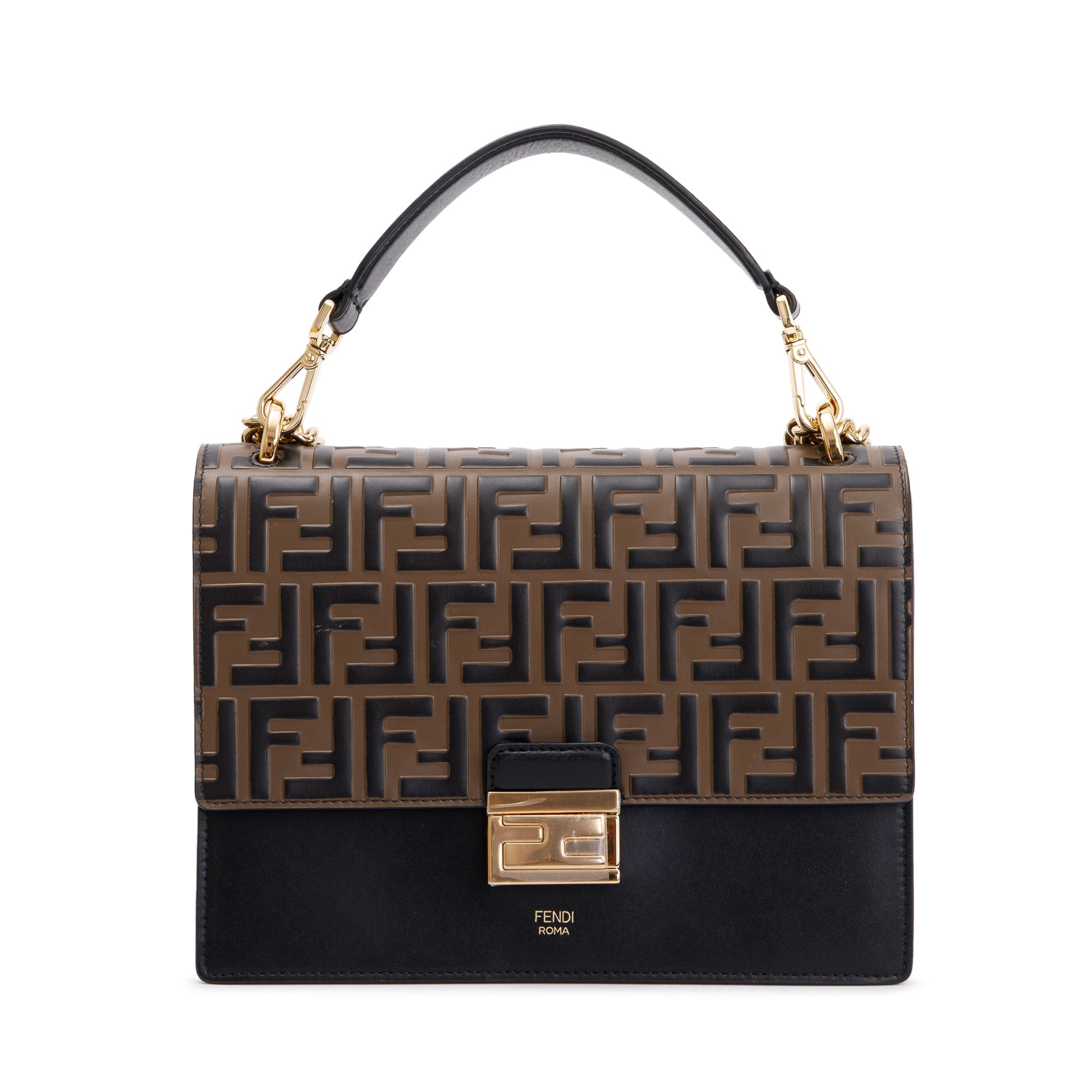 Fendi 2022 FF Embossed & Black Calfskin Leather Kan I Shoulder Bag w/ Box, Receipt & Strap