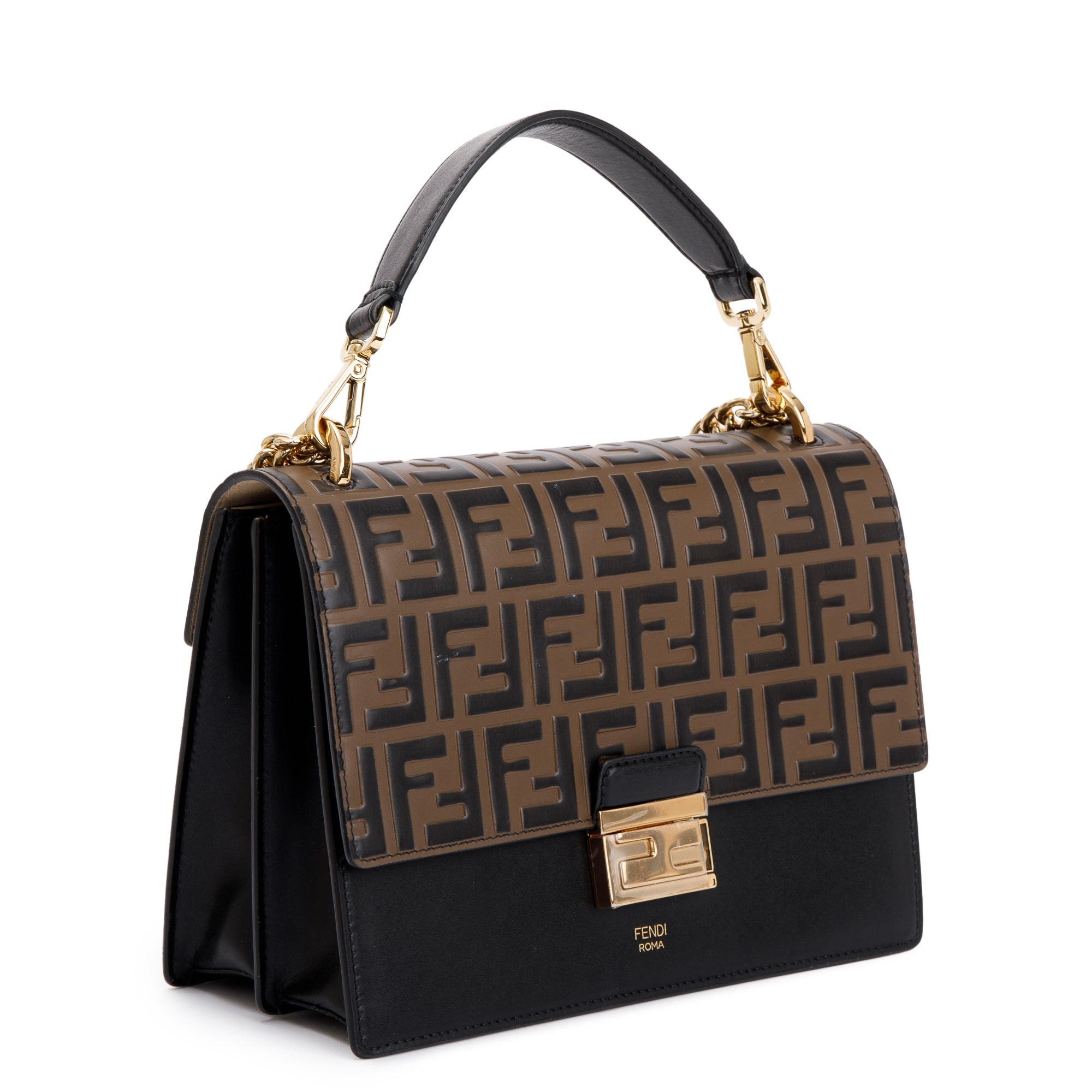 Fendi 2022 FF Embossed & Black Calfskin Leather Kan I Shoulder Bag w/ Box, Receipt & Strap