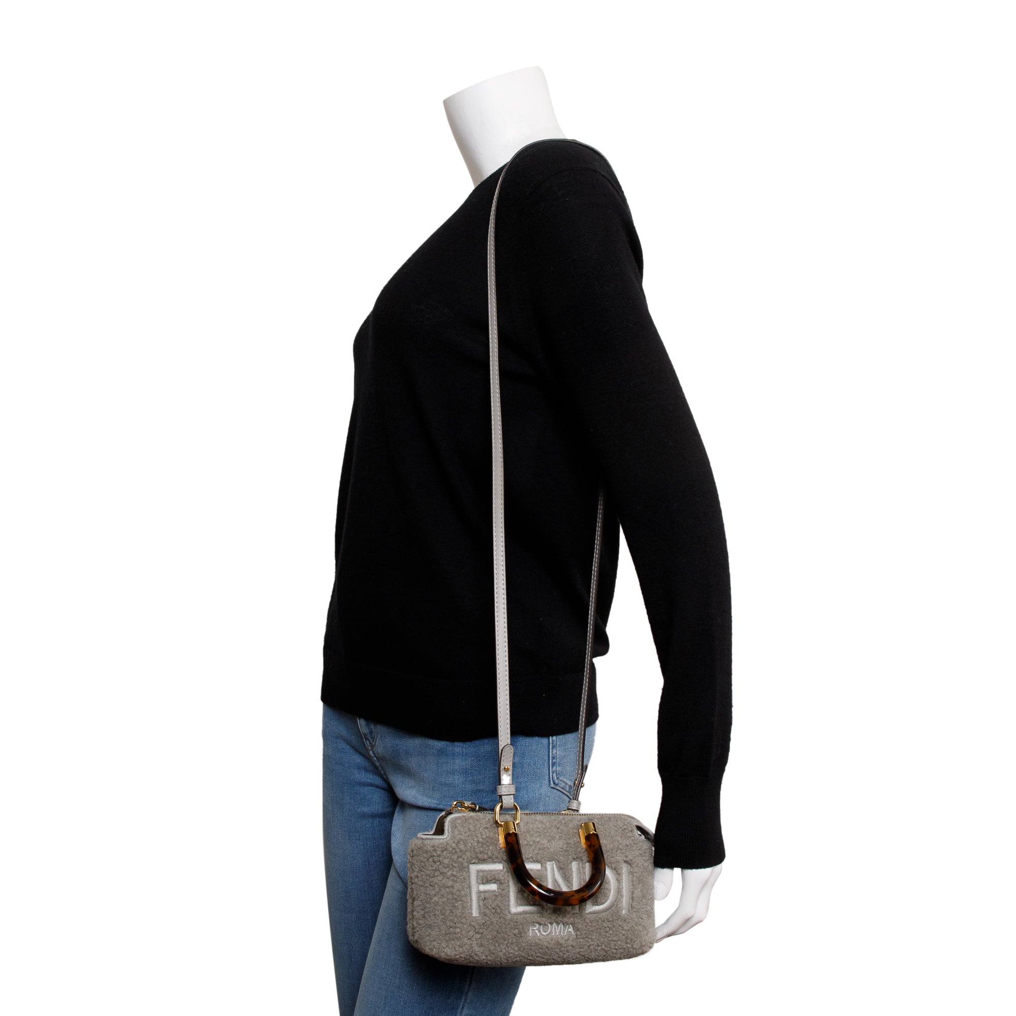 Fendi 2022 Grey Sheepskin Logo Embroidered By the Way Mini Boston Bag w/ Strap & Box