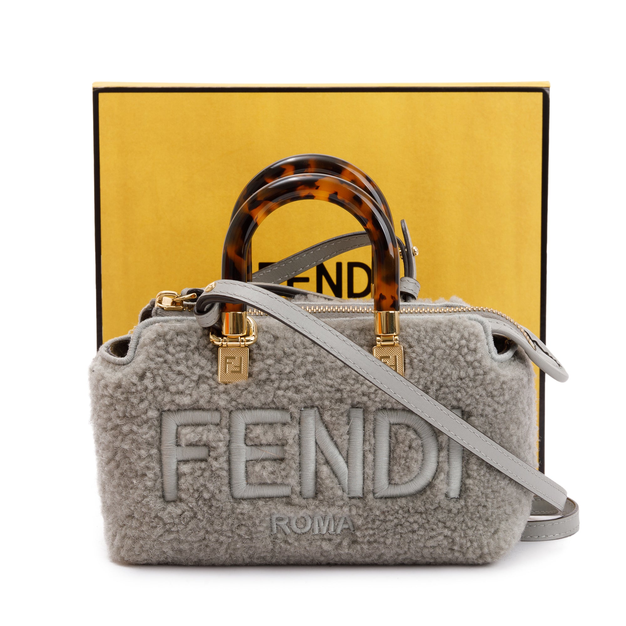 Fendi 2022 Grey Sheepskin Logo Embroidered By the Way Mini Boston Bag w/ Strap & Box