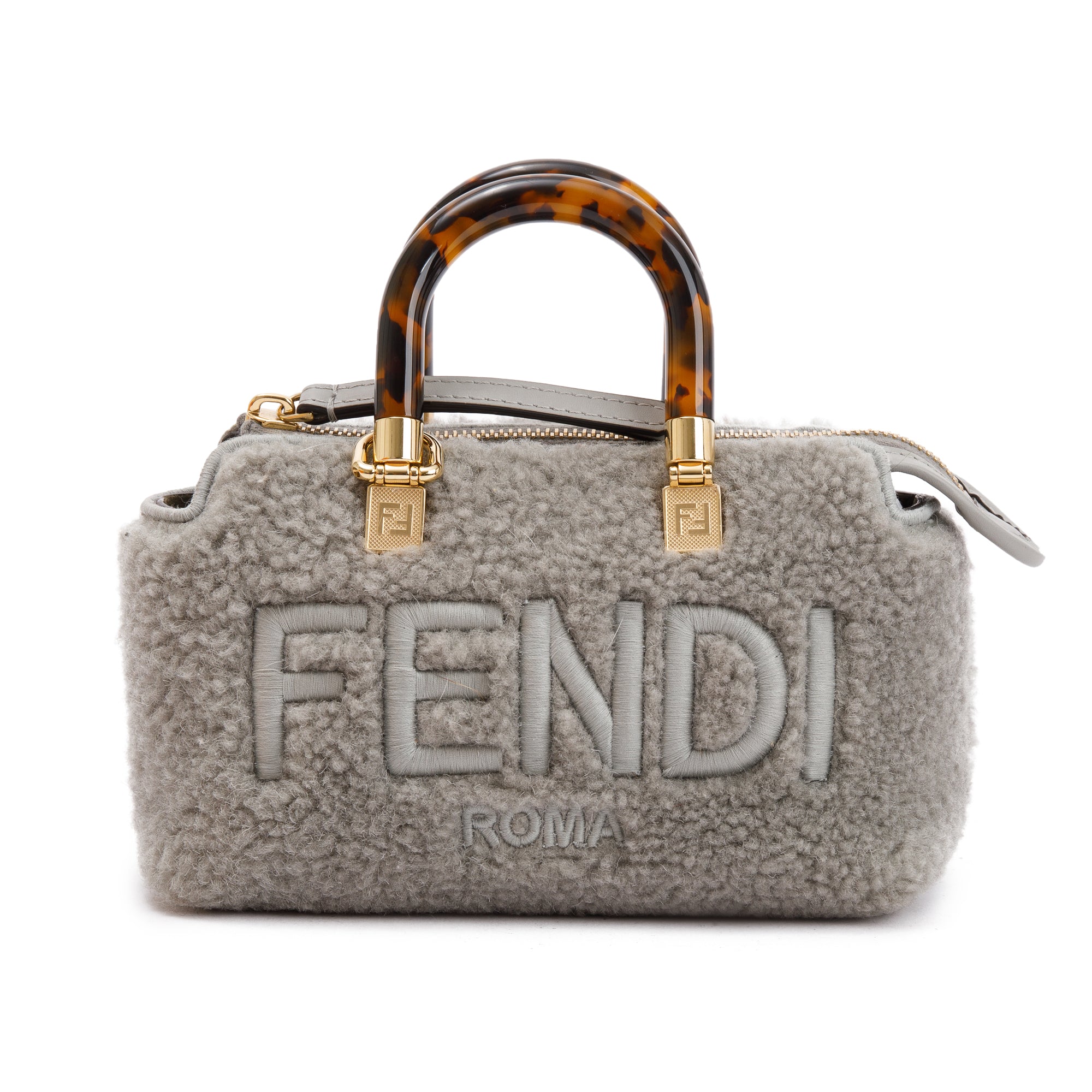 Fendi 2022 Grey Sheepskin Logo Embroidered By the Way Mini Boston Bag w/ Strap & Box