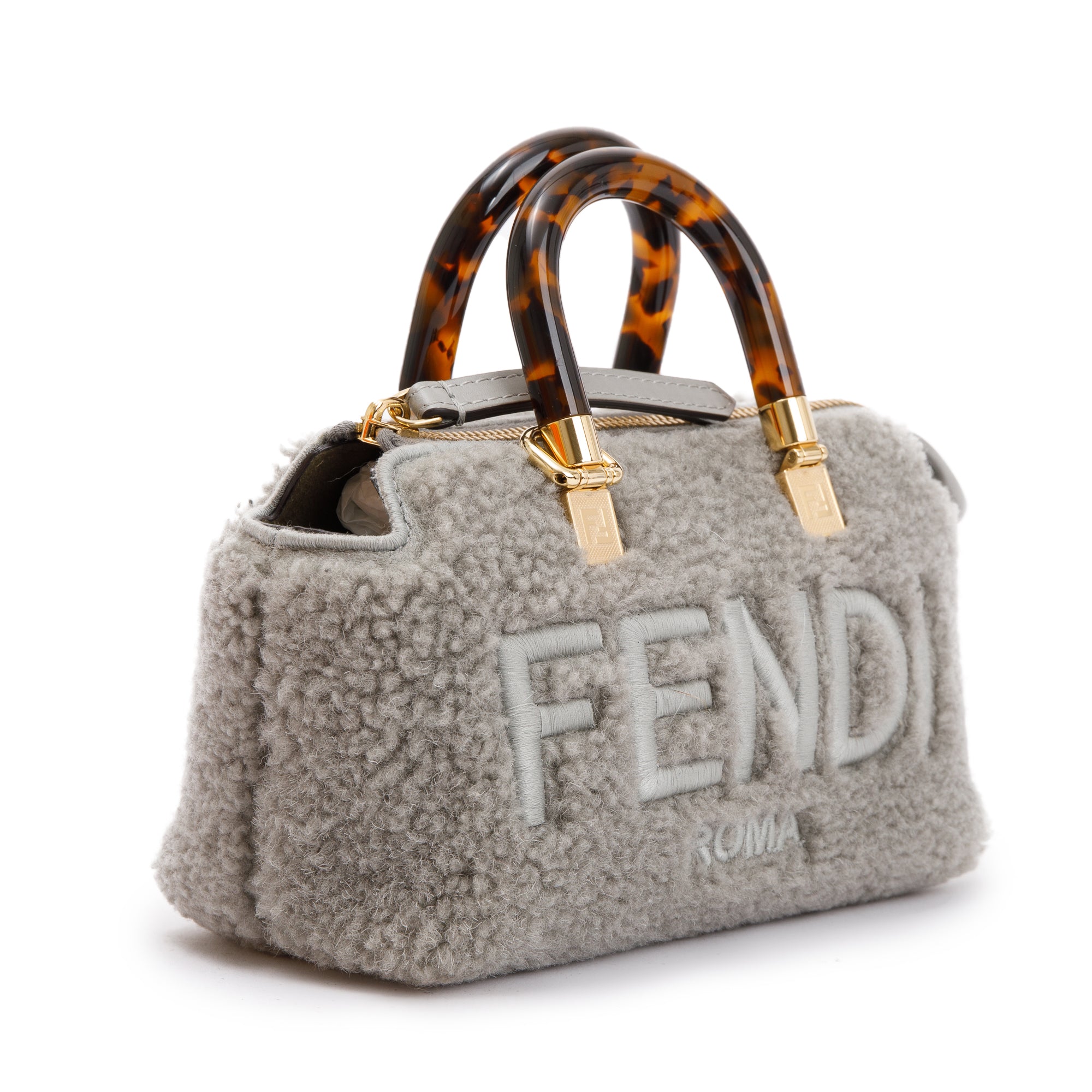 Fendi 2022 Grey Sheepskin Logo Embroidered By the Way Mini Boston Bag w/ Strap & Box