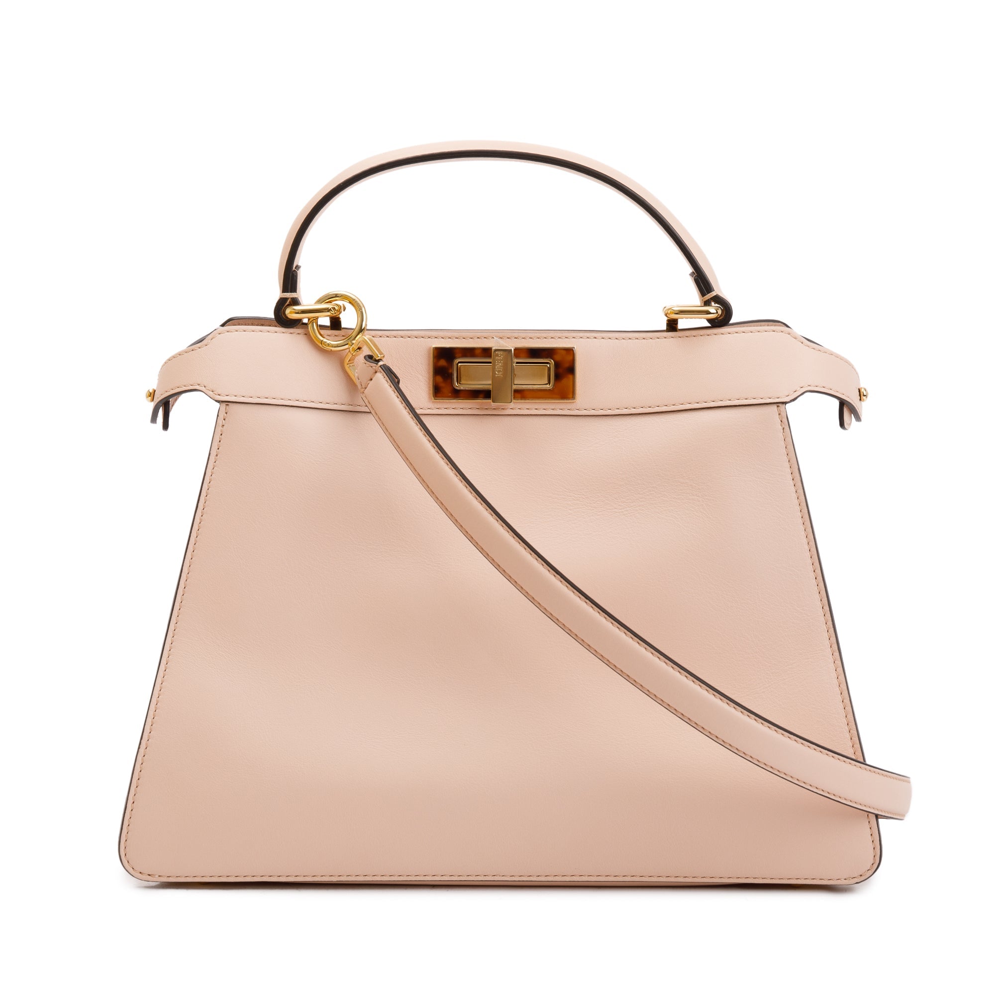 Fendi 2022 Pink Calfskin Leather Medium Peekaboo Bag with Tortoise Detail w/ Strap & Box