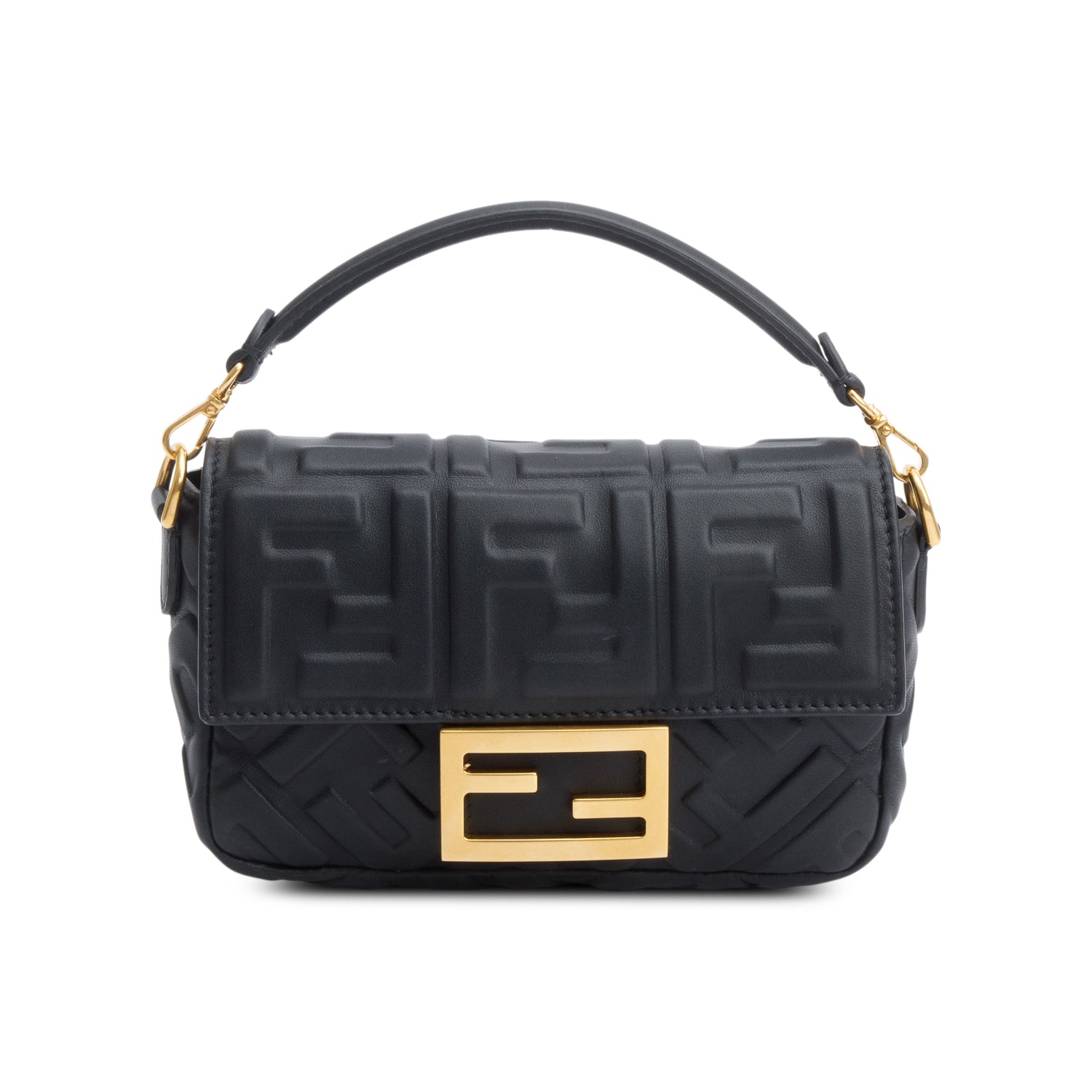 Fendi 2023 Black FF Embossed Nappa Leather Mini Be Baguette Chain Crossbody w/ Straps &Receipt