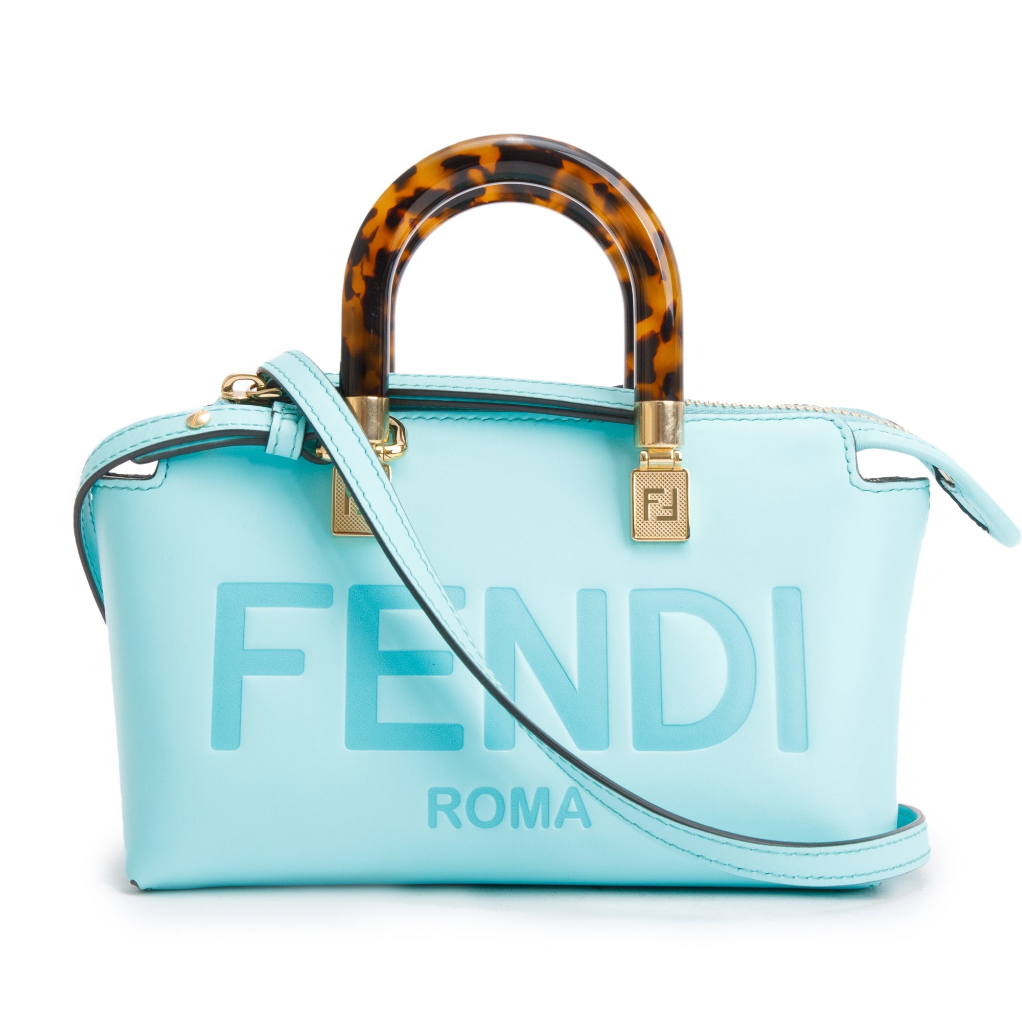 Fendi 2023 Blue Leather By the Way Mini Boston Bag w/ Strap