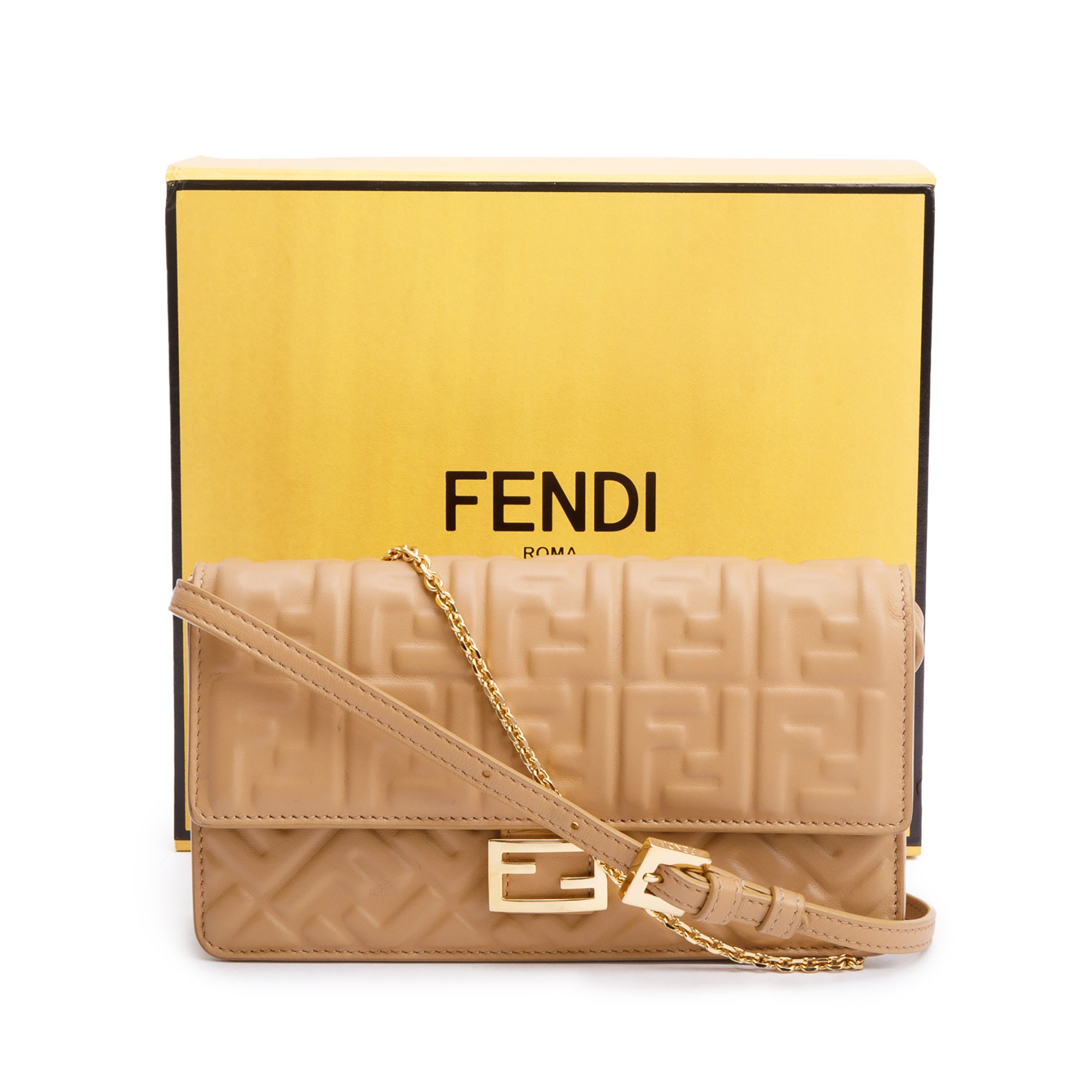Fendi 2024 Beige FF Embossed Nappa Leather Baguette Wallet on Chain w/ Strap & Box