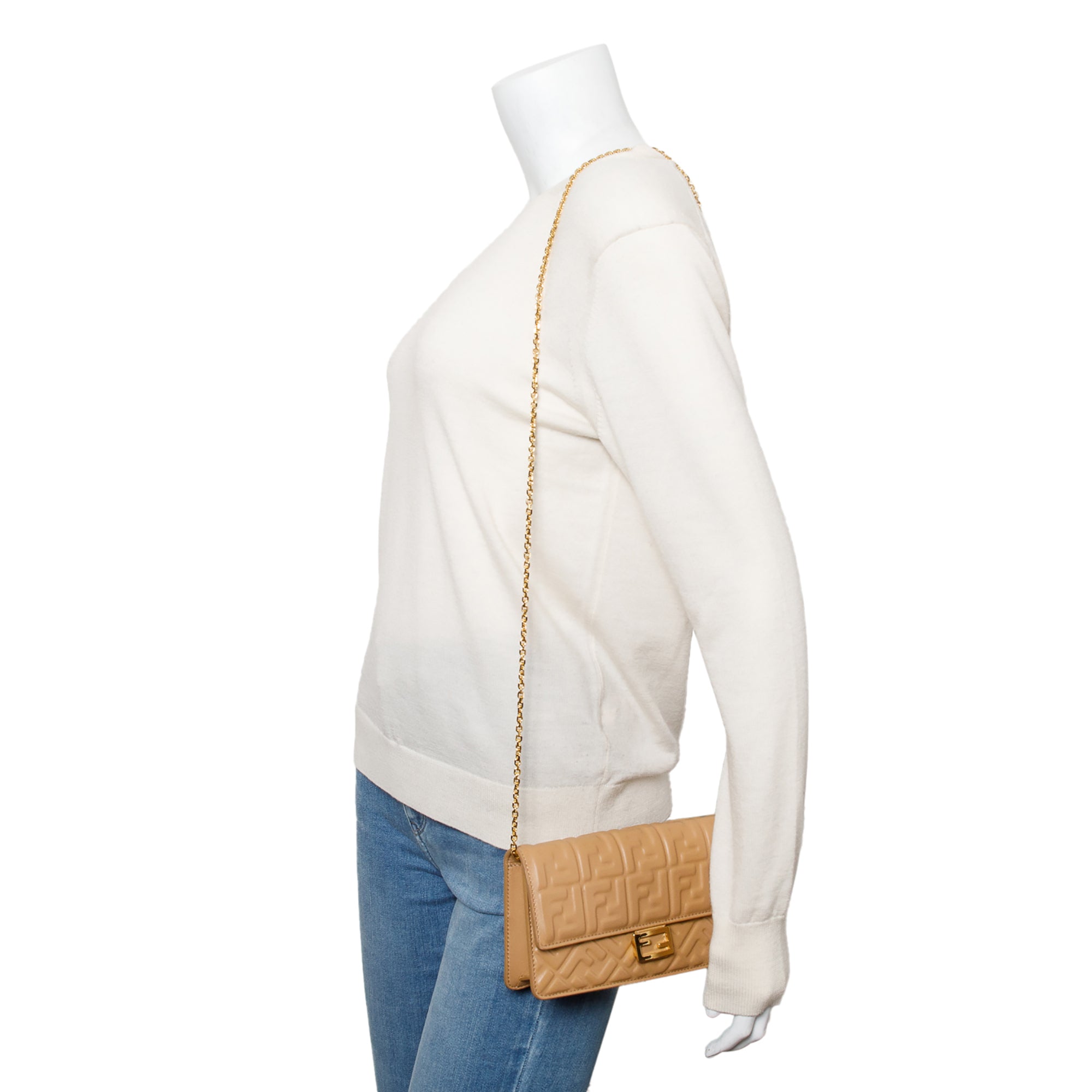 Fendi 2024 Beige FF Embossed Nappa Leather Baguette Wallet on Chain w/ Strap & Box