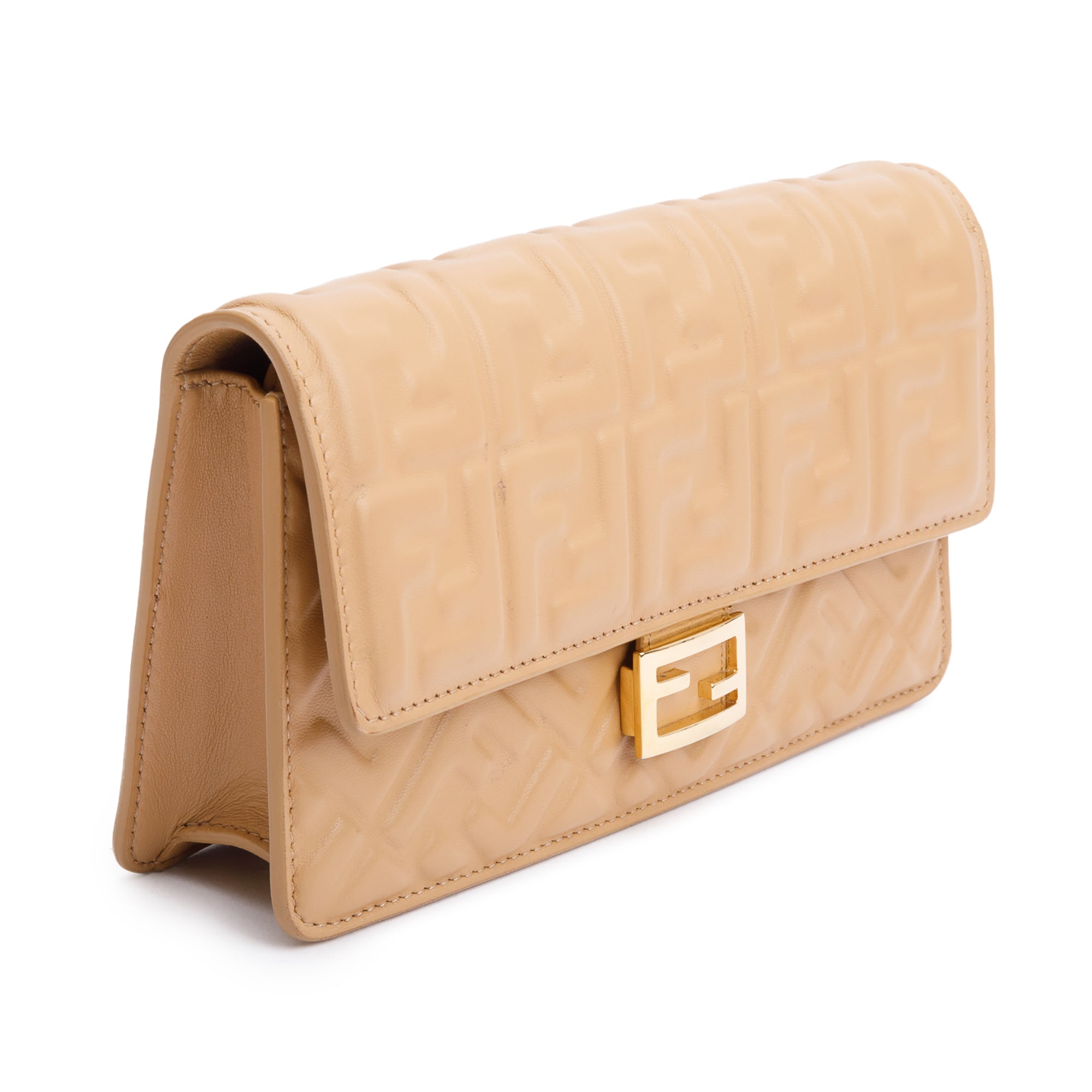 Fendi 2024 Beige FF Embossed Nappa Leather Baguette Wallet on Chain w/ Strap & Box
