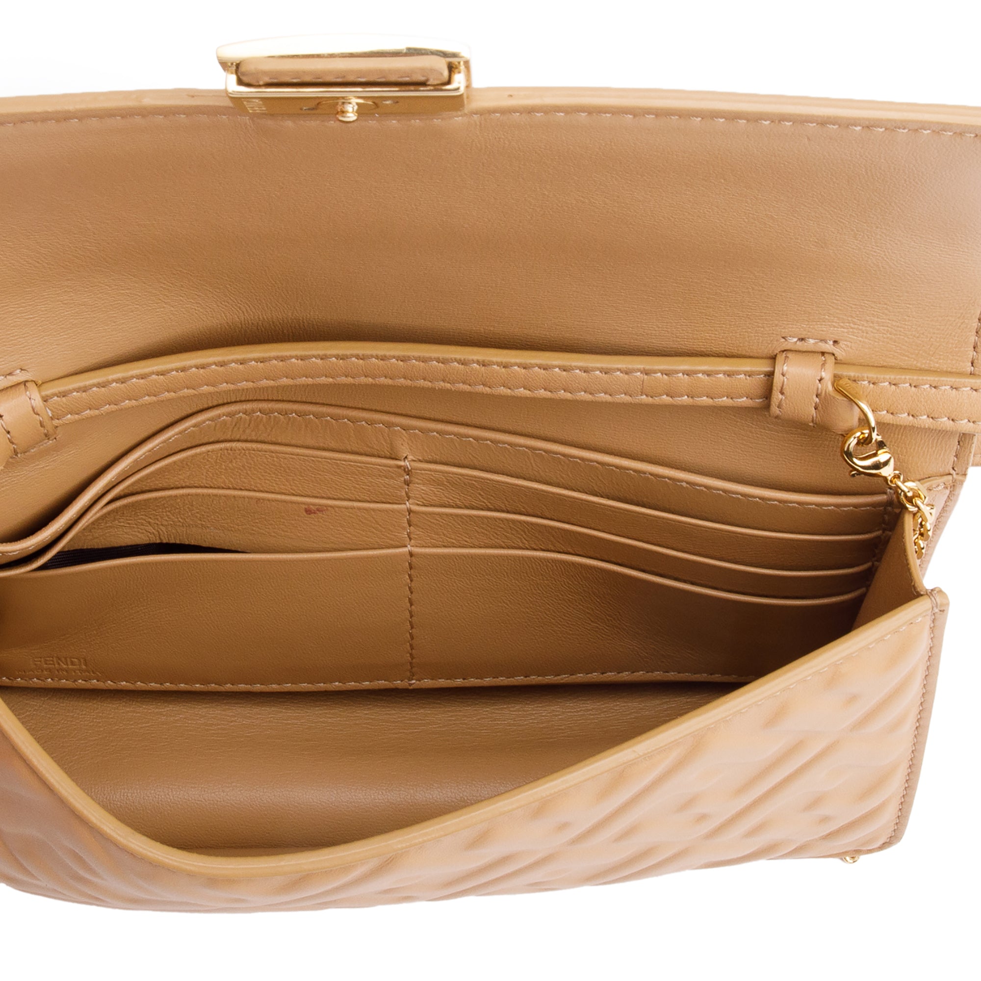 Fendi 2024 Beige FF Embossed Nappa Leather Baguette Wallet on Chain w/ Strap & Box