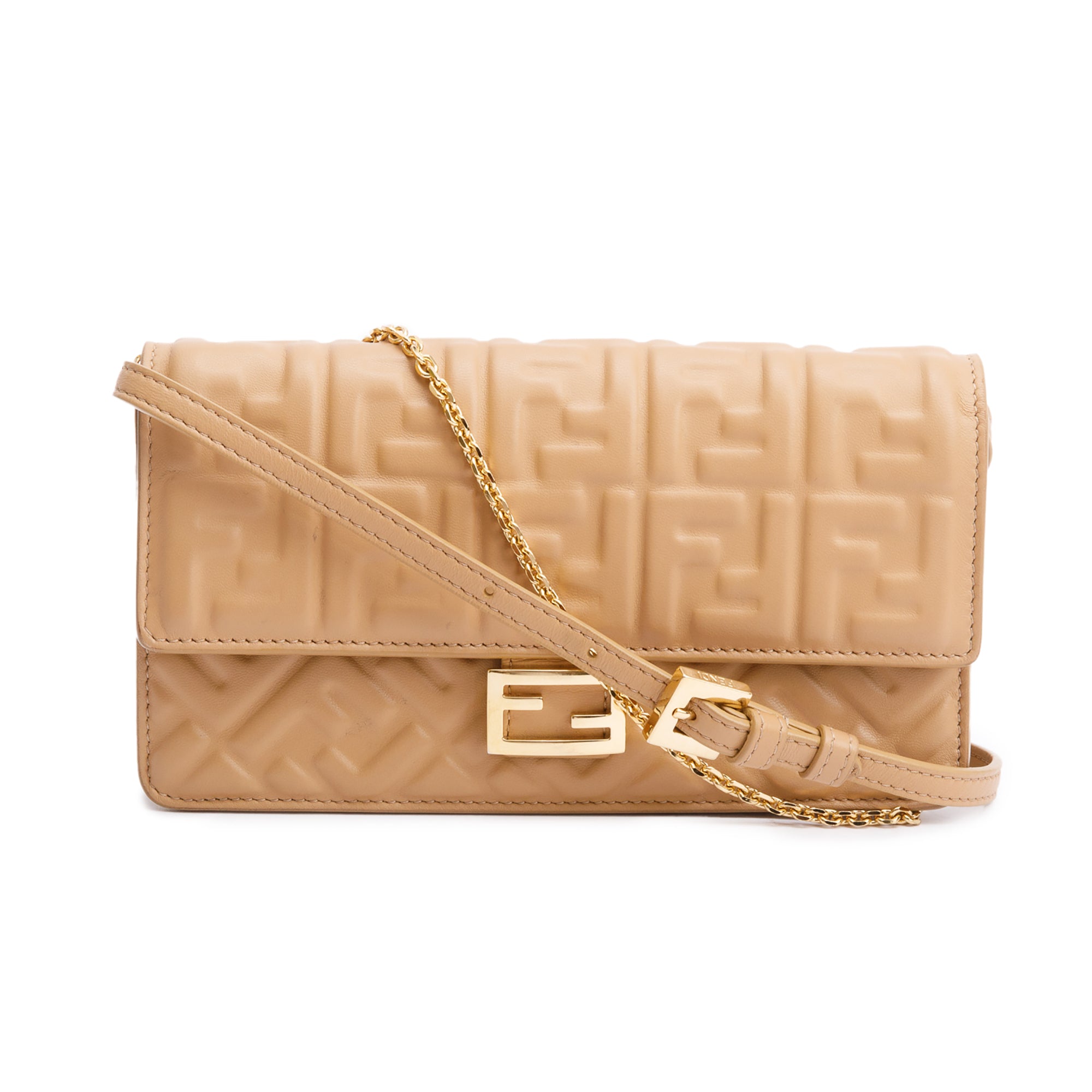 Fendi 2024 Beige FF Embossed Nappa Leather Baguette Wallet on Chain w/ Strap & Box