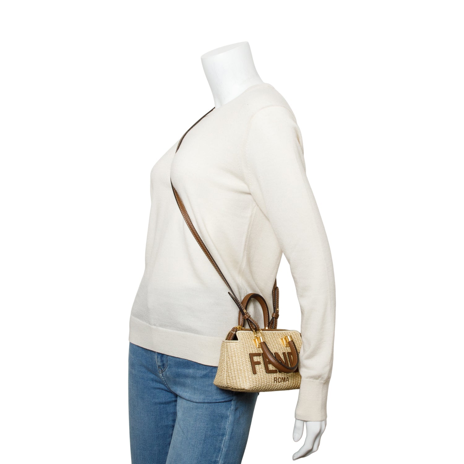 Fendi 2024 Neutral Raffia By the Way Mini Boston Bag w/ Strap