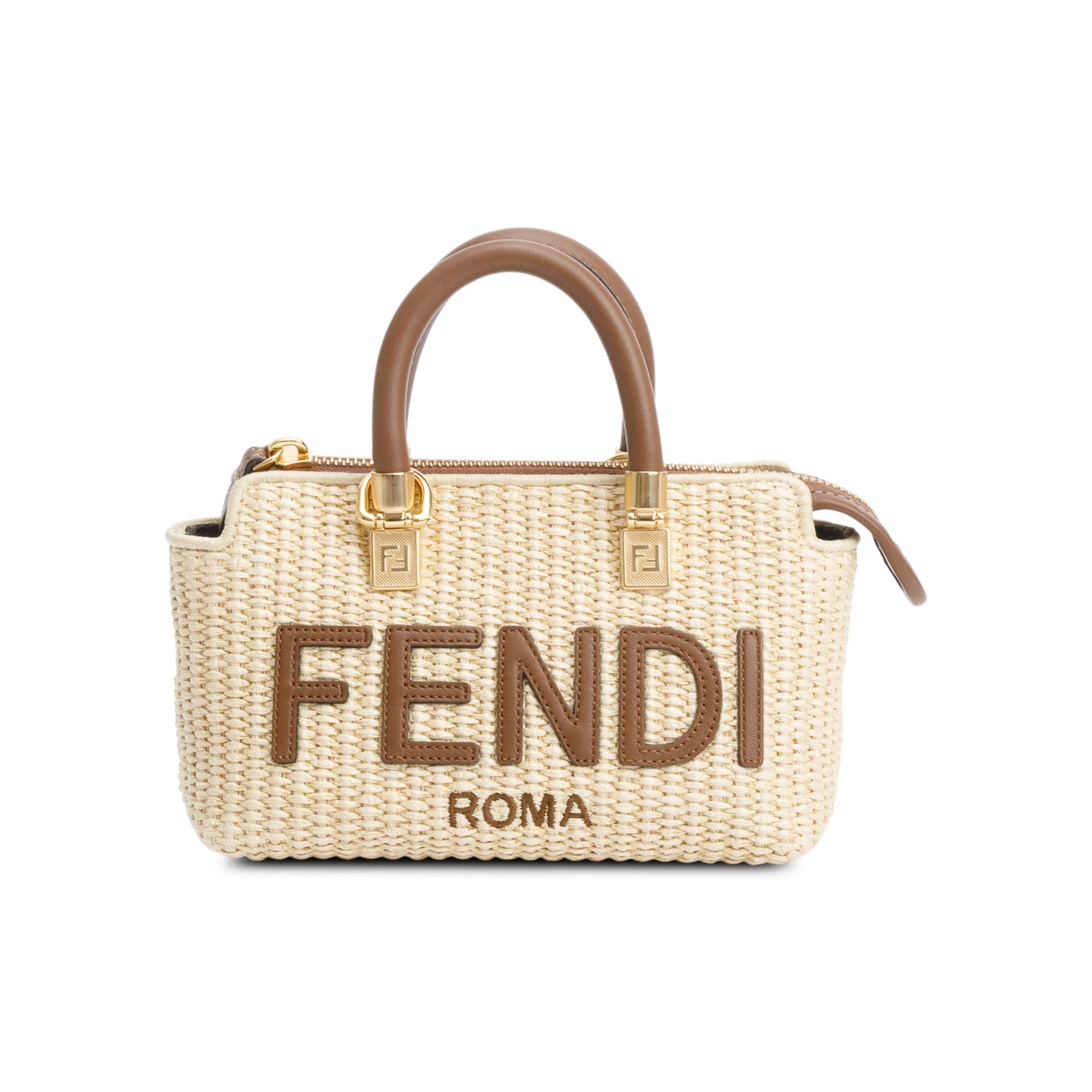 Fendi 2024 Neutral Raffia By the Way Mini Boston Bag w/ Strap