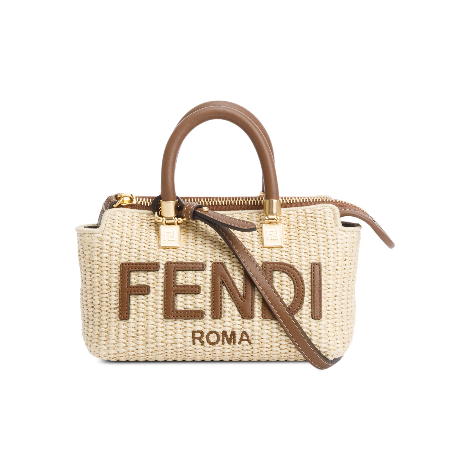 Fendi 2024 Neutral Raffia By the Way Mini Boston Bag w/ Strap