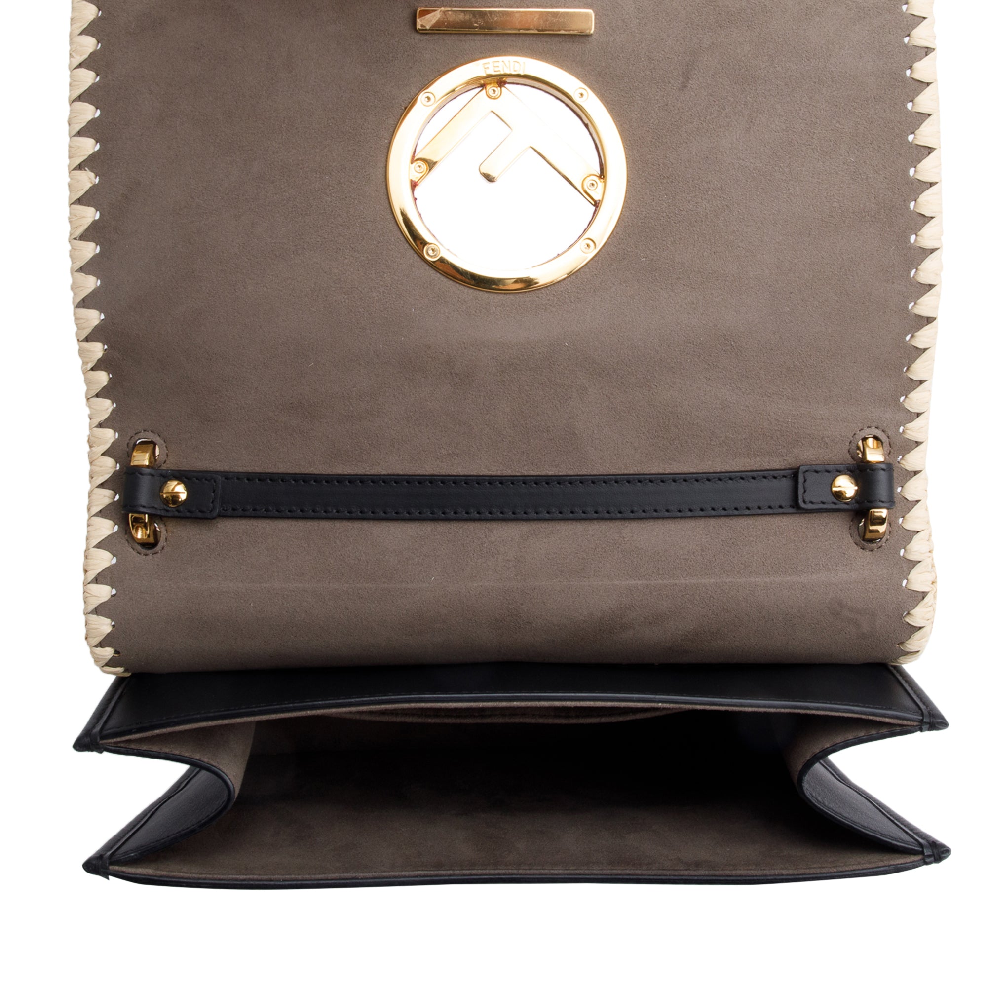 Fendi Black Calfskin Leather Raffia Snakeskin FF Embroidered Medium F is Fendi Kan I Shoulder Bag w/ Straps