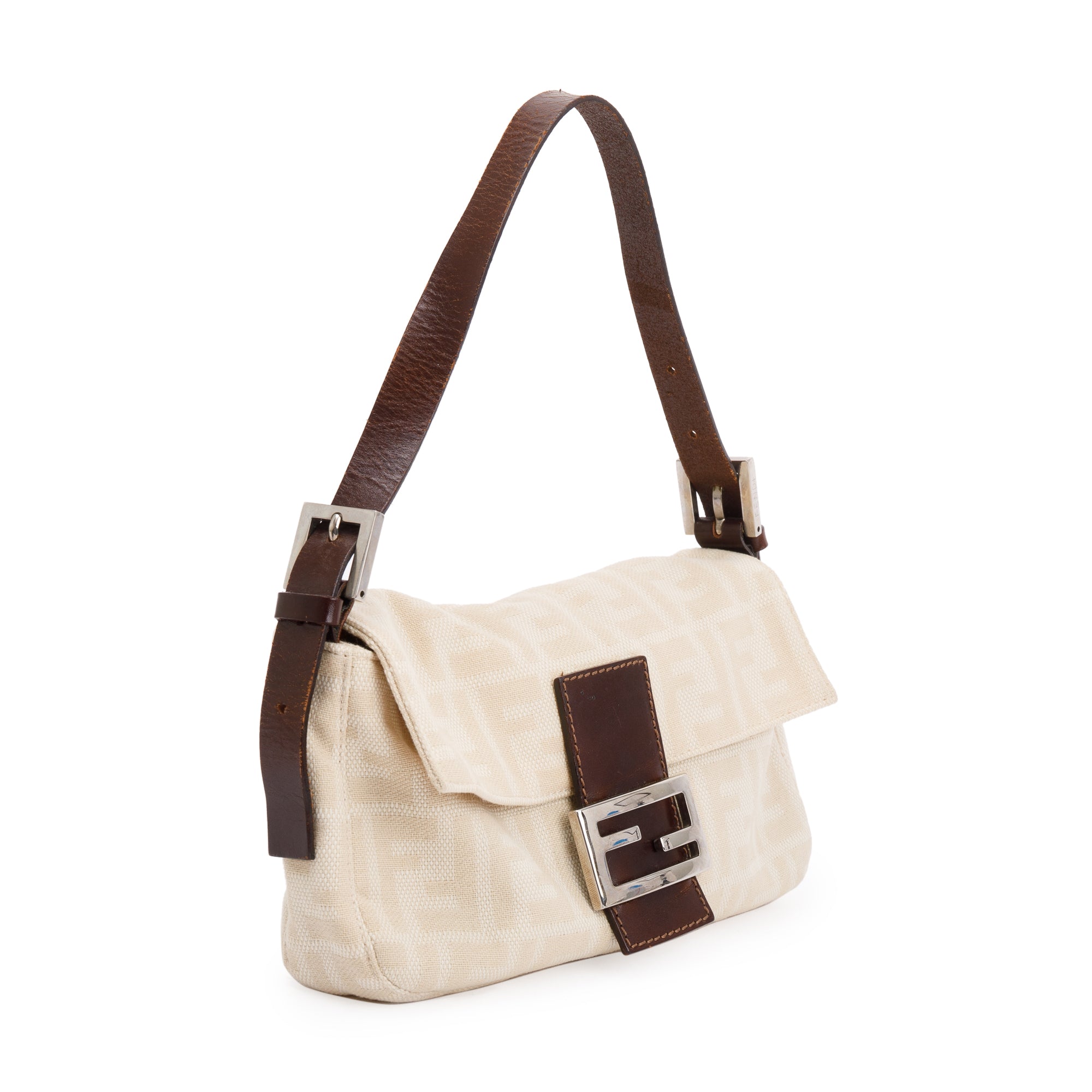 Fendi Beige FF Zucca Canvas Brown Leather Trim Baguette Shoulder Bag