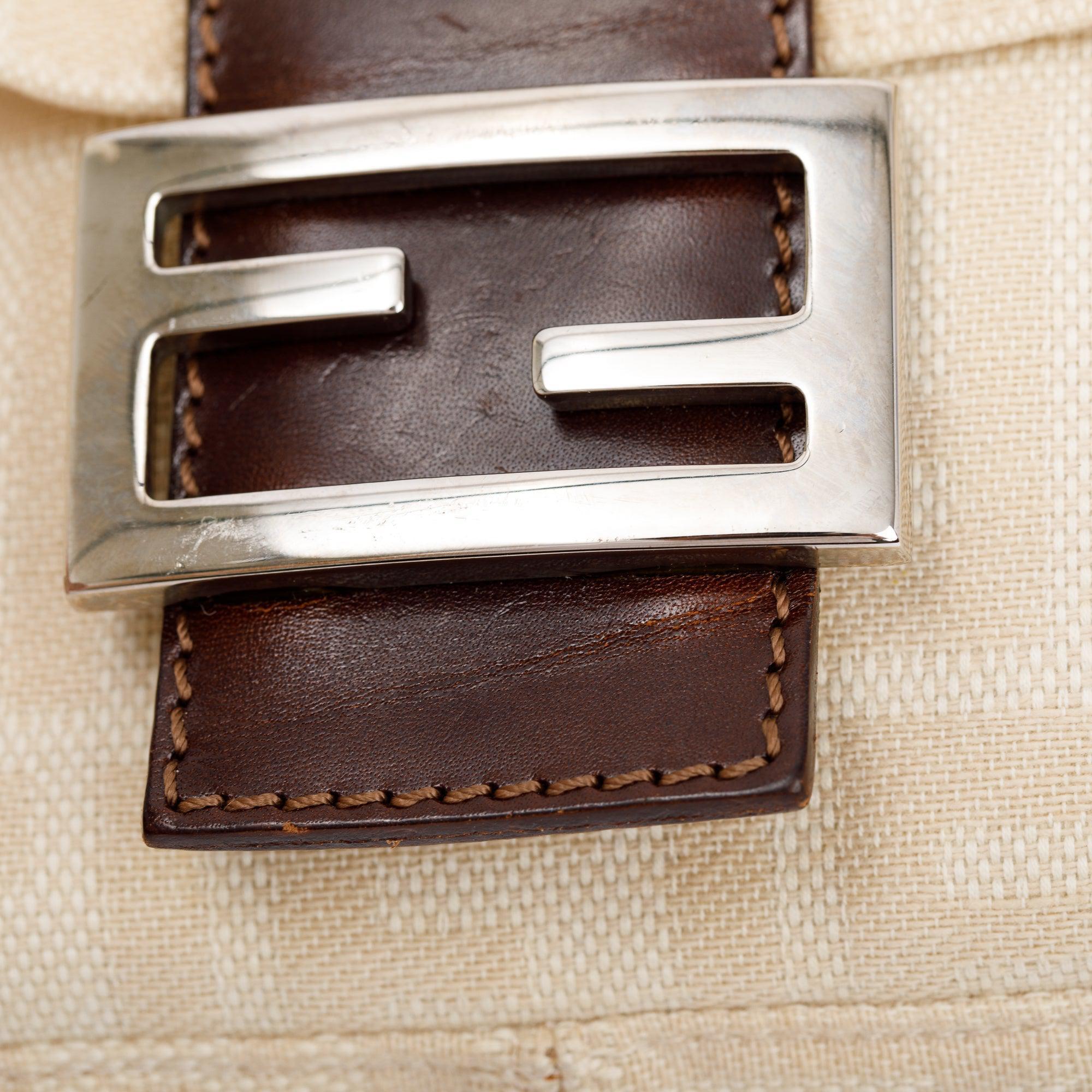 Fendi Beige FF Zucca Canvas Brown Leather Trim Baguette Shoulder Bag