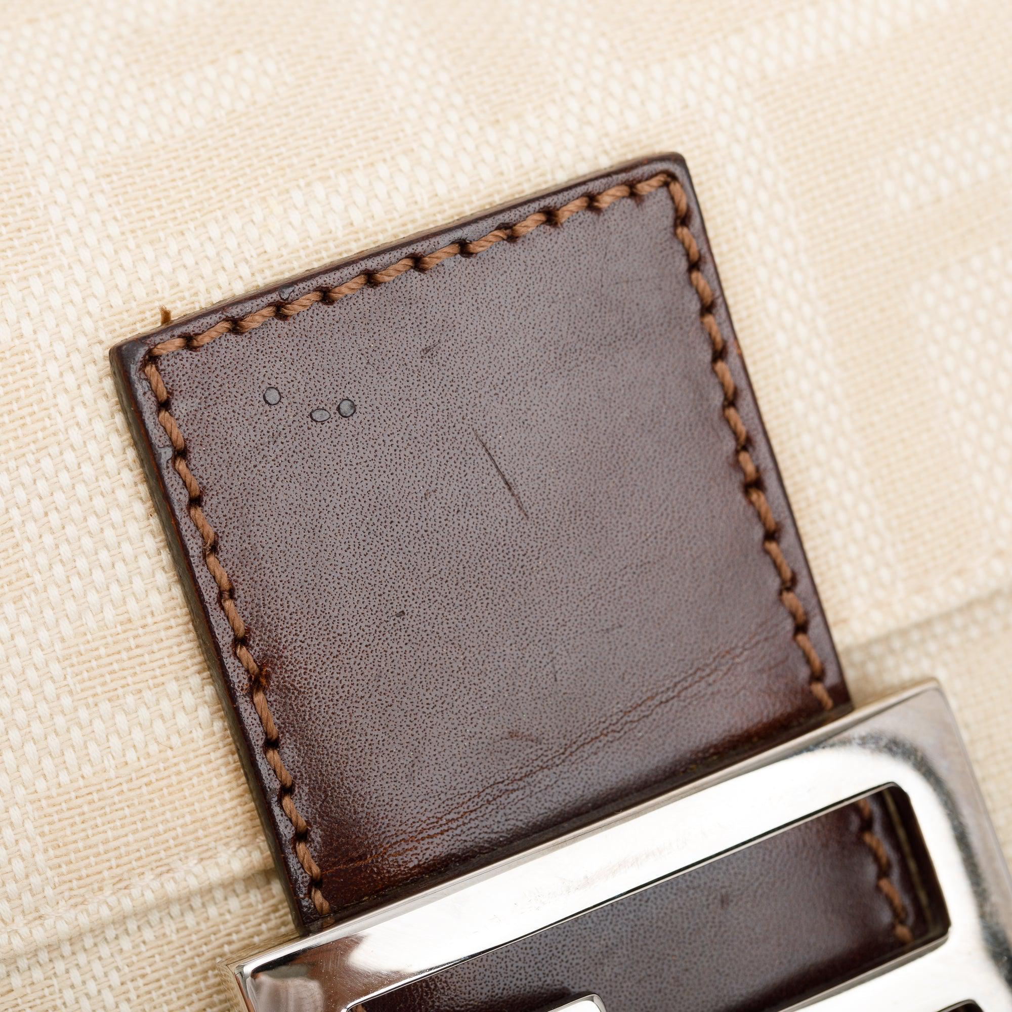 Fendi Beige FF Zucca Canvas Brown Leather Trim Baguette Shoulder Bag