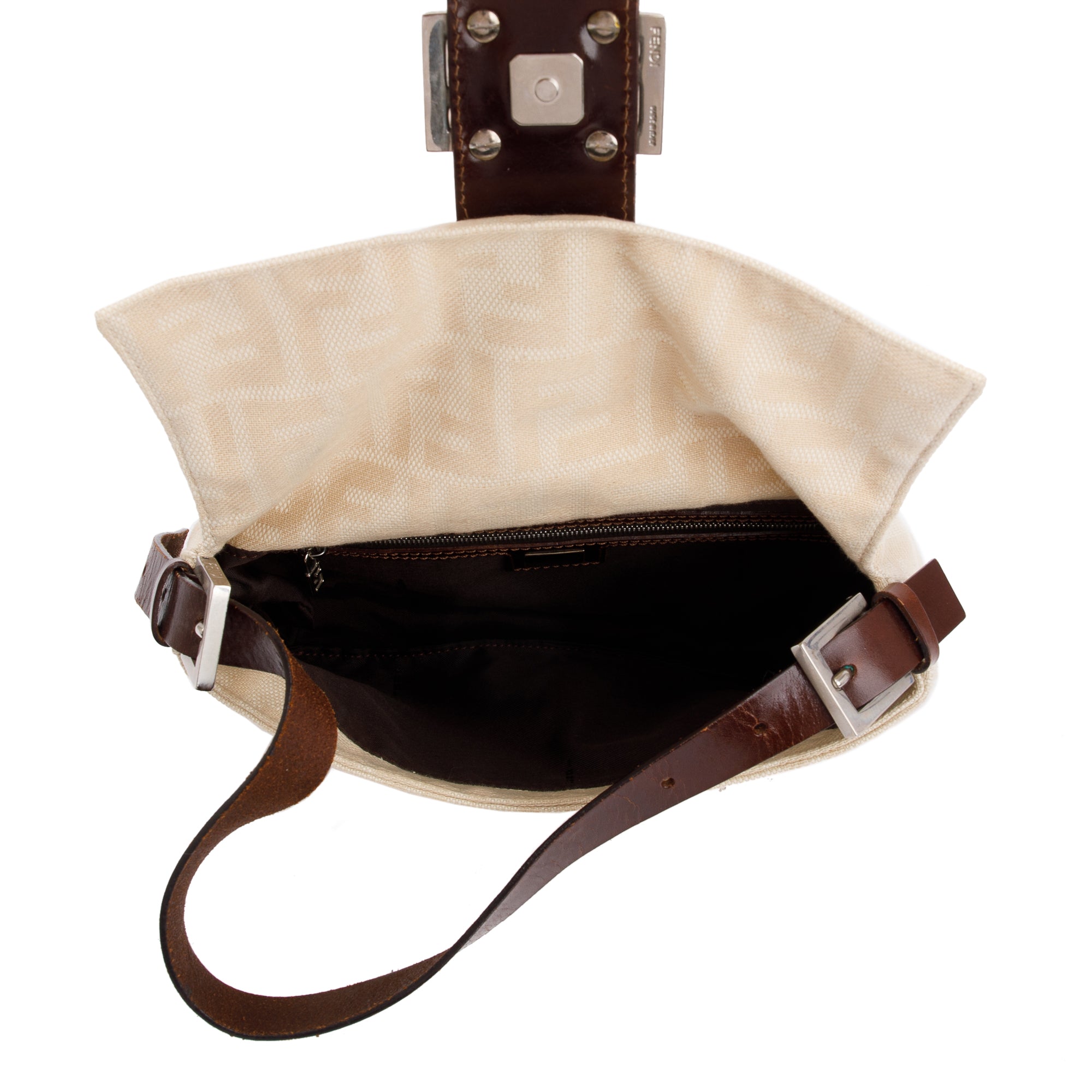 Fendi Beige FF Zucca Canvas Brown Leather Trim Baguette Shoulder Bag