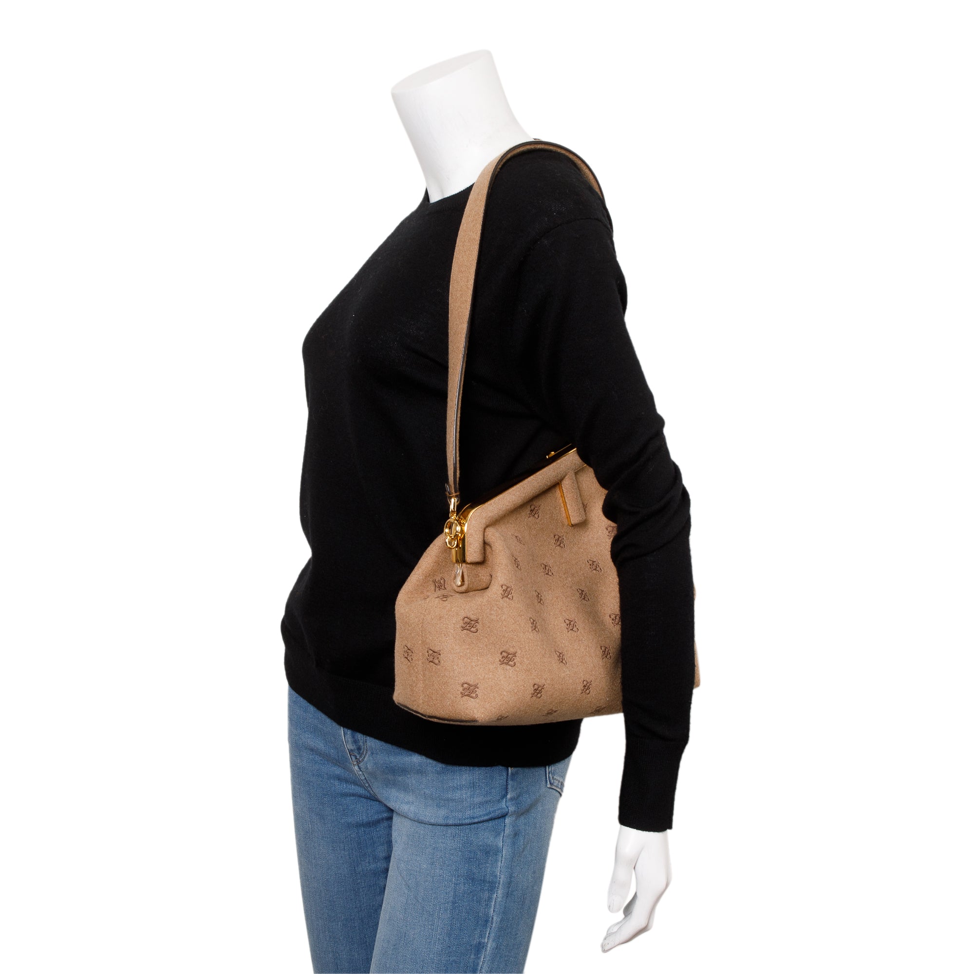 Fendi Beige Flannel Karligraphy Embroidered Medium Fendi First Bag w/ Strap