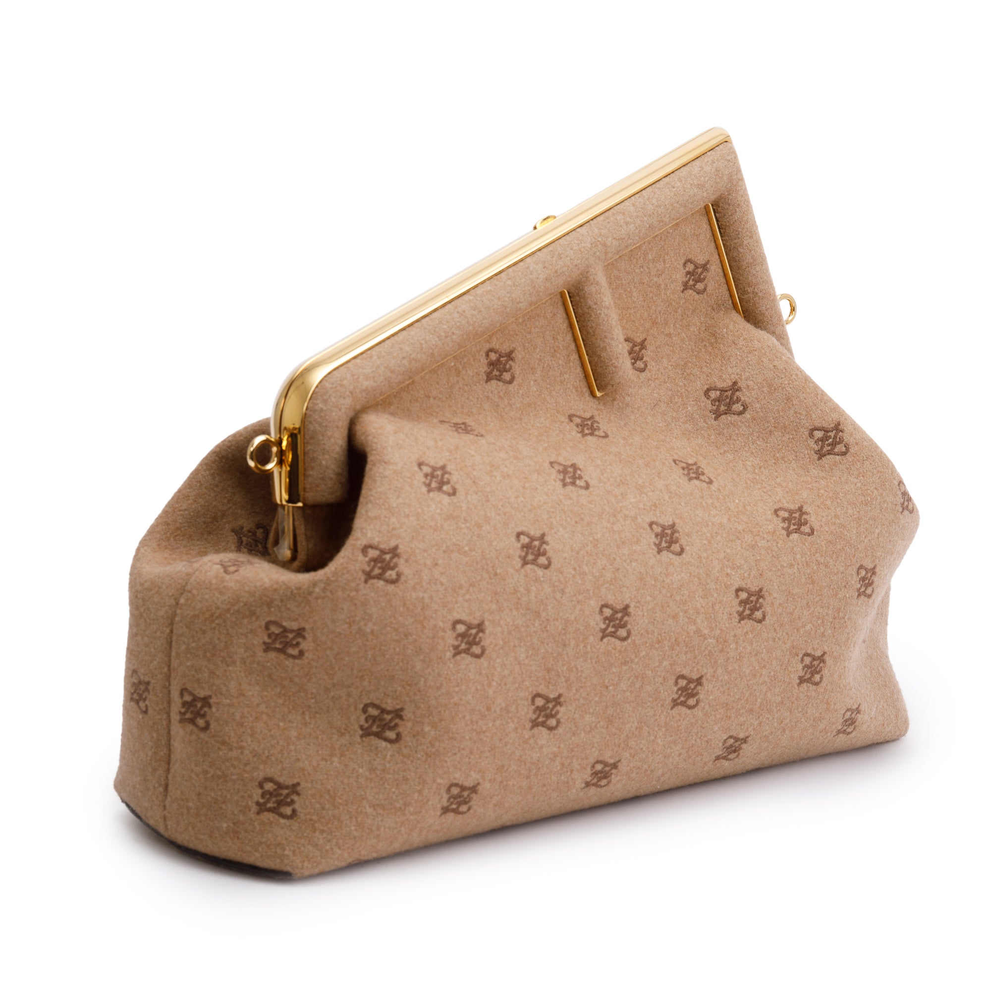 Fendi Beige Flannel Karligraphy Embroidered Medium Fendi First Bag w/ Strap