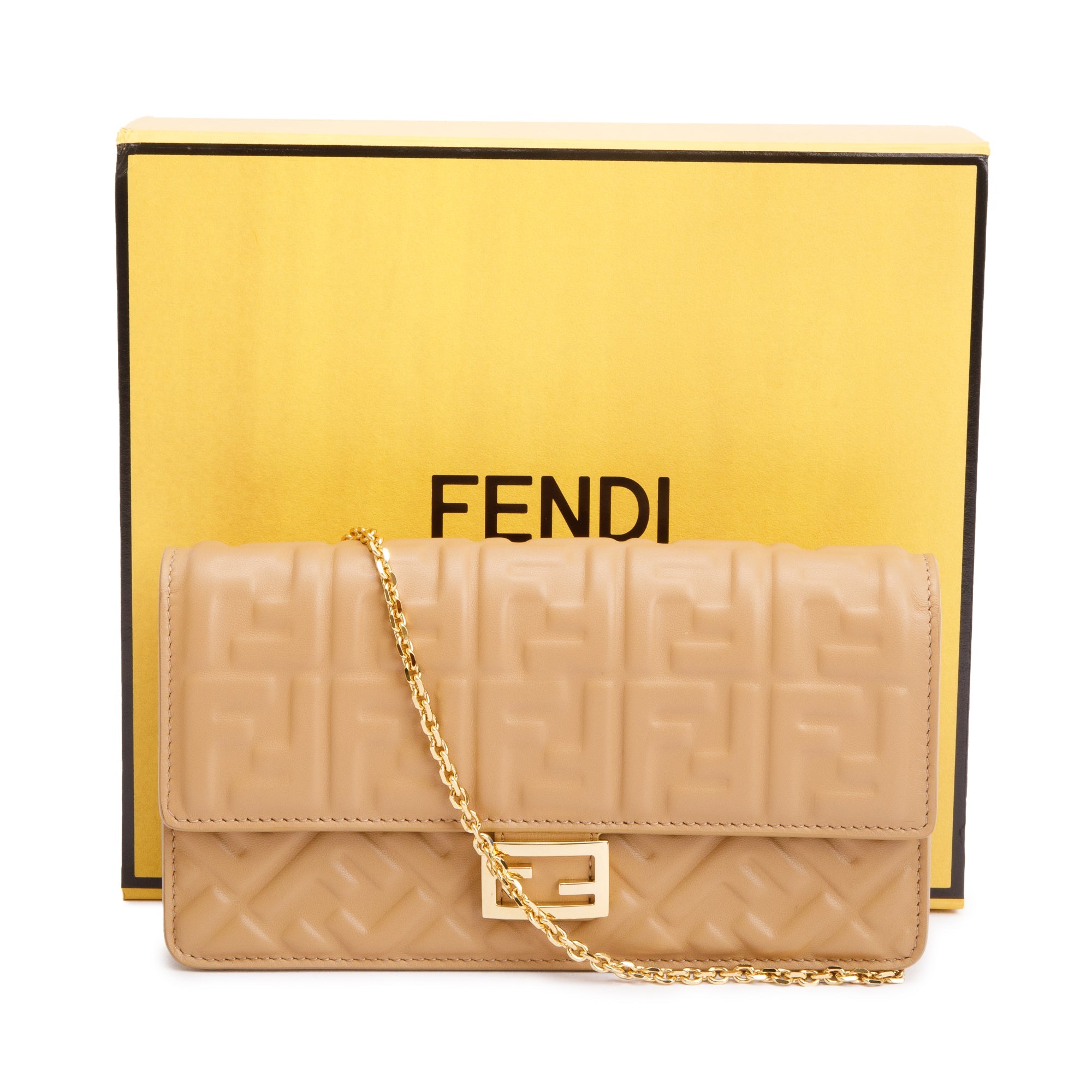 Fendi Beige Leather Baguette Wallet on Chain w/ Box