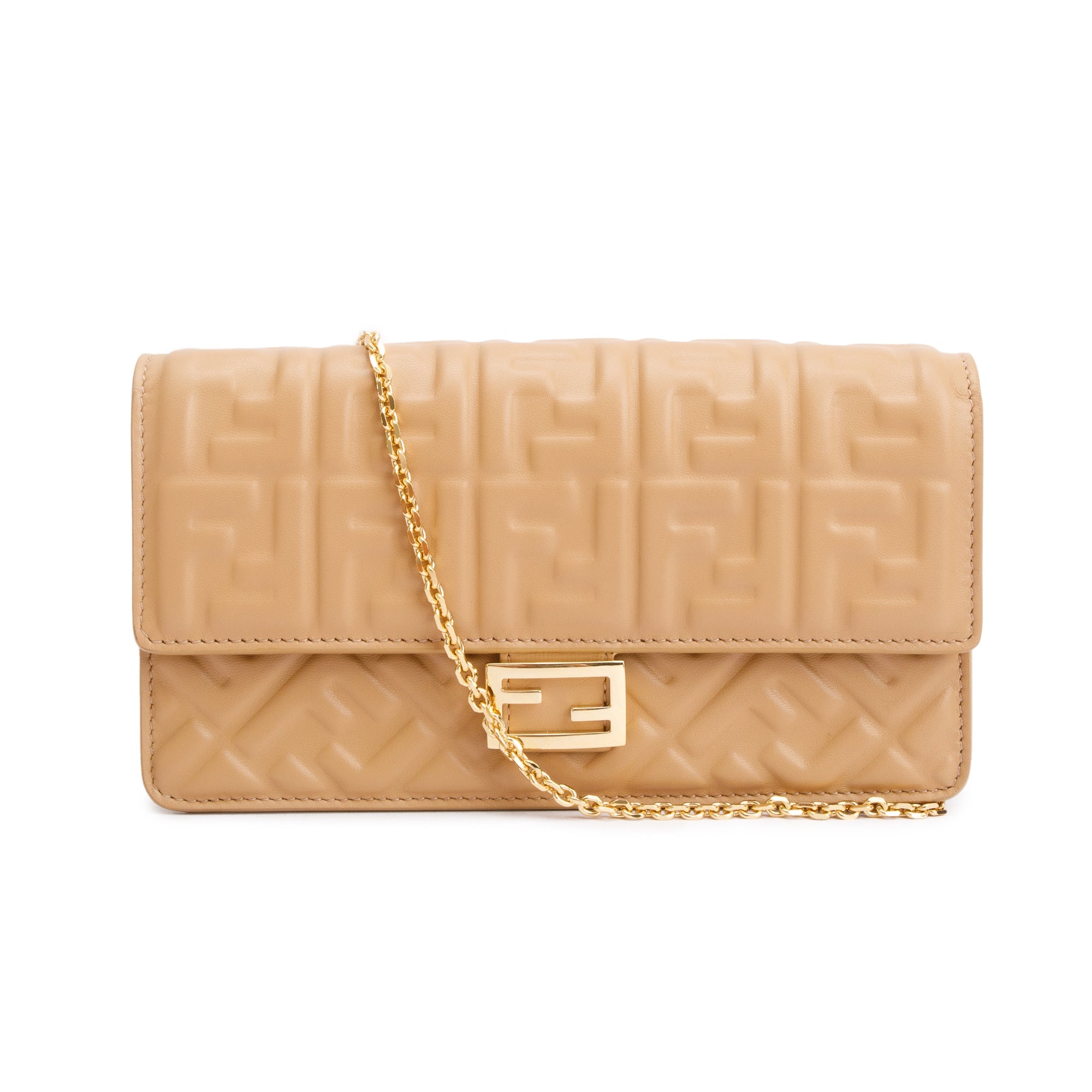 Fendi Beige Leather Baguette Wallet on Chain w/ Box