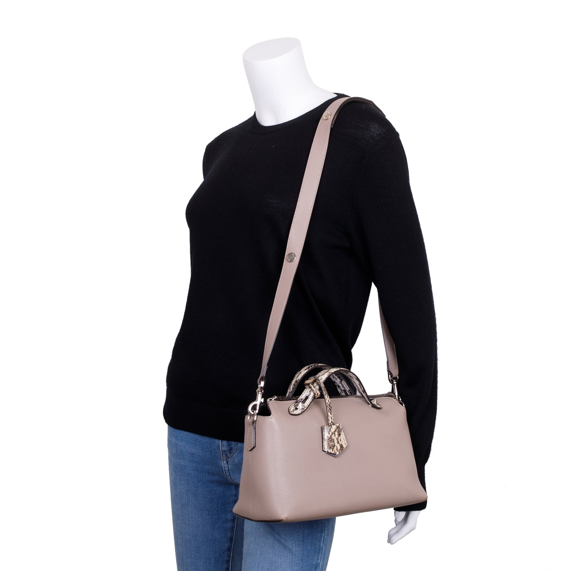 Fendi Beige Leather Python-Trimmed Medium By the Way Handle Bag with Box and Dustbag