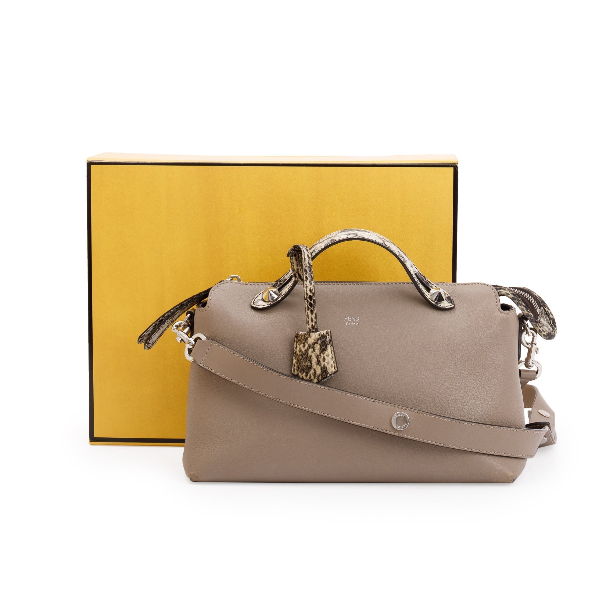 Fendi Beige Leather Python-Trimmed Medium By the Way Handle Bag with Box and Dustbag