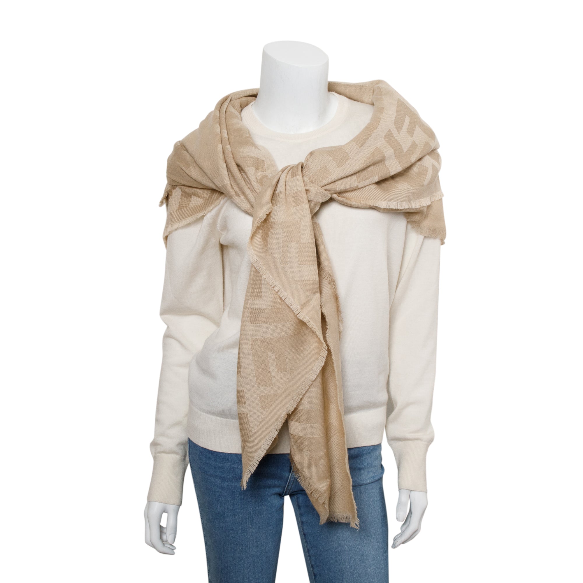 Fendi Beige Wool Silk Zucca FF Logo Shawl