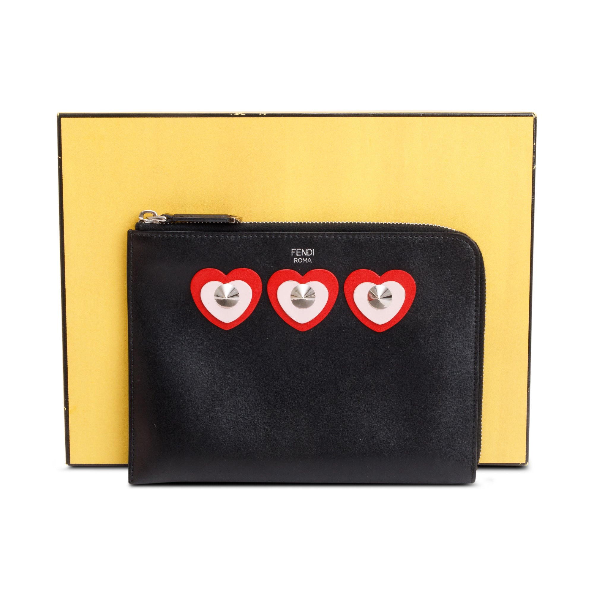 Fendi Black Calfskin Leather Studded Heart Zip Around Clutch w/ Box