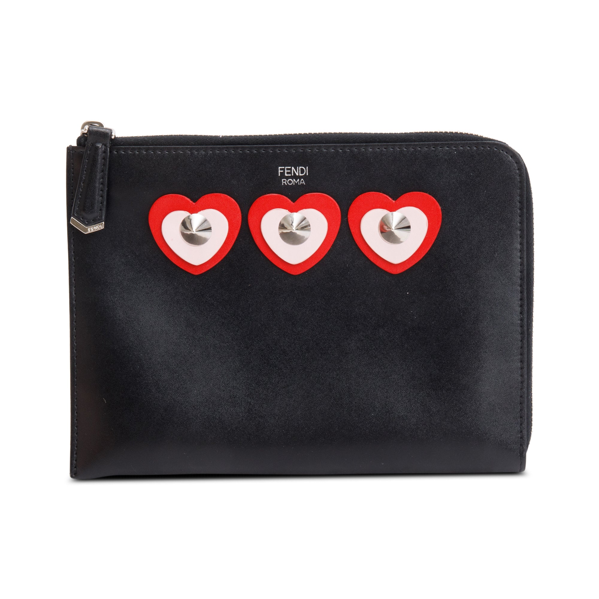 Fendi Black Calfskin Leather Studded Heart Zip Around Clutch w/ Box