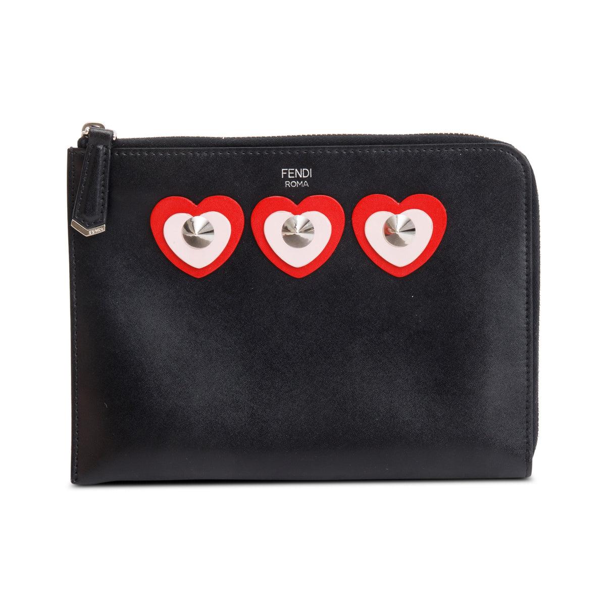Fendi Black Calfskin Leather Studded Heart Zip Around Clutch w