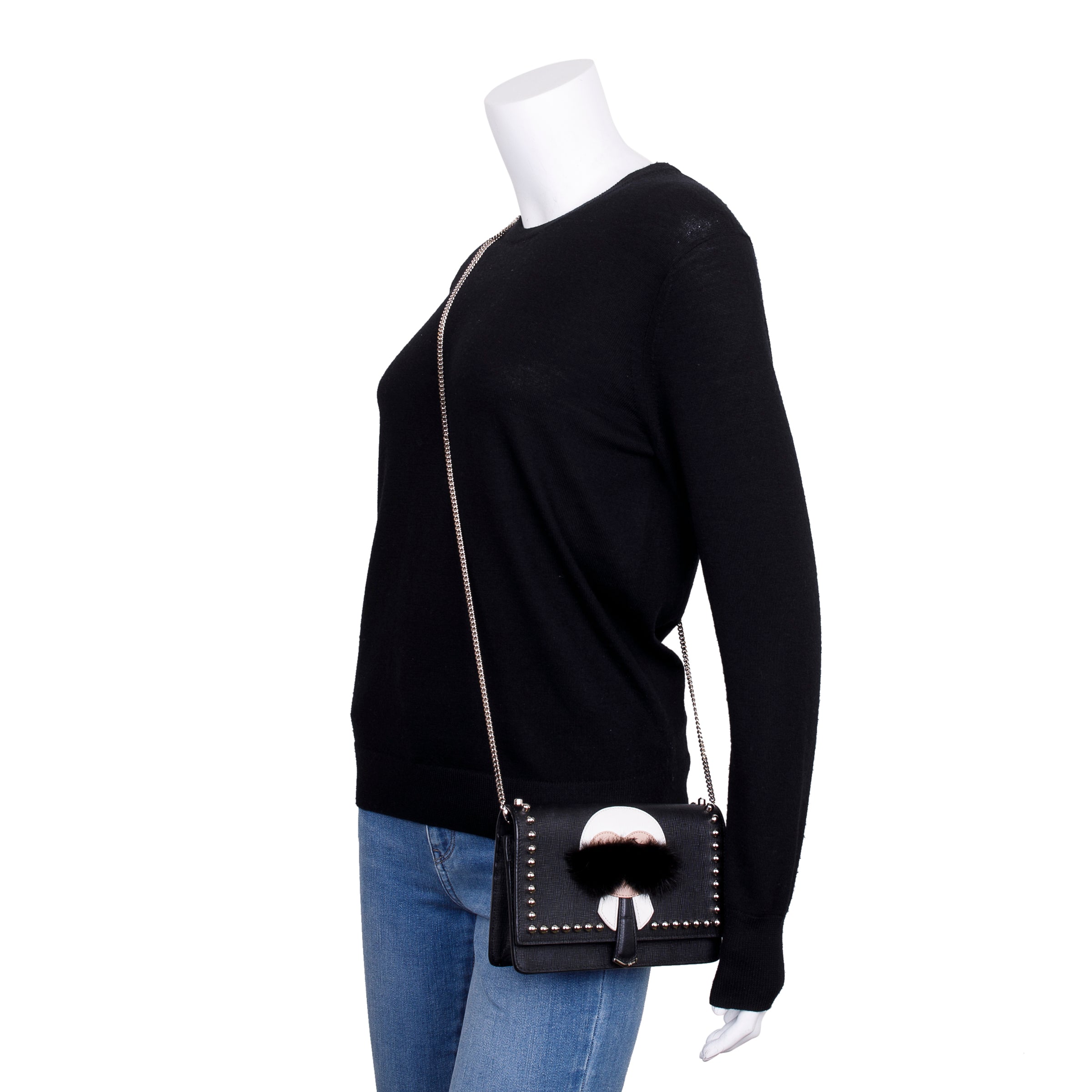 Fendi Black Calfskin Leather Studded Karlito Wallet on Chain w/ Box